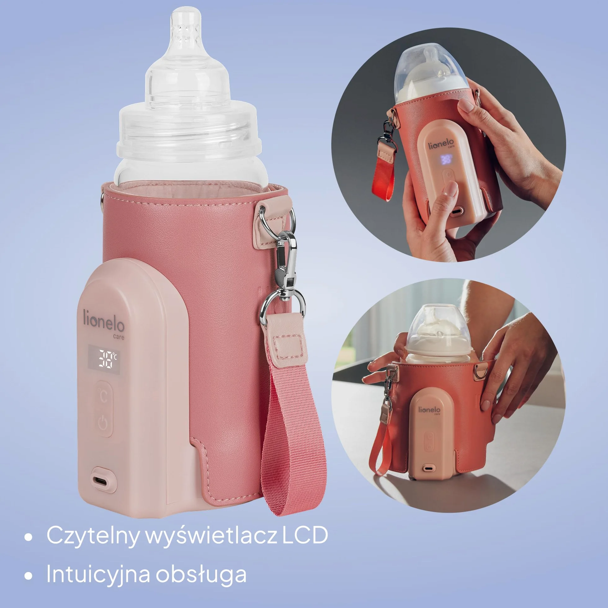 LIONELO Thermup Go Evo Przenośny Podgrzewacz do Butelek dla Niemowląt, Utrzymuje Ciepło Płynów, 5 Temperatur Pracy od 38 do 50o C Ładowanie USB-C, do 9h Pracy Wyświetlacz LCD (Różowy)