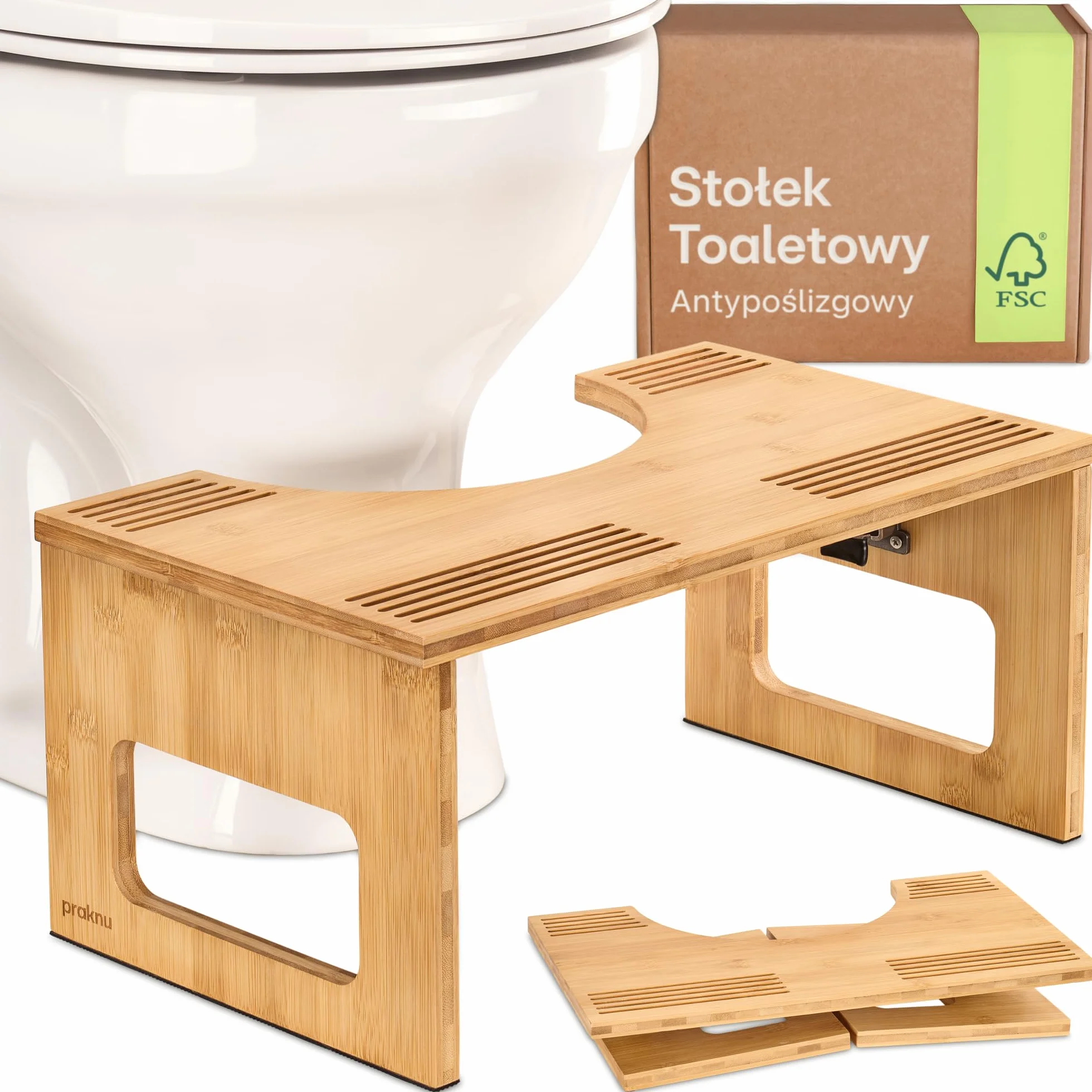 Praknu Składany Stołek Toaletowy z Bambusa FSC® - 𝗔𝗻𝘁𝘆𝗽𝗼ś𝗹𝗶𝘇𝗴𝗼𝘄𝘆 Stołek WC dla Dorosłych - Ergonomiczny Stołek do Łazienki