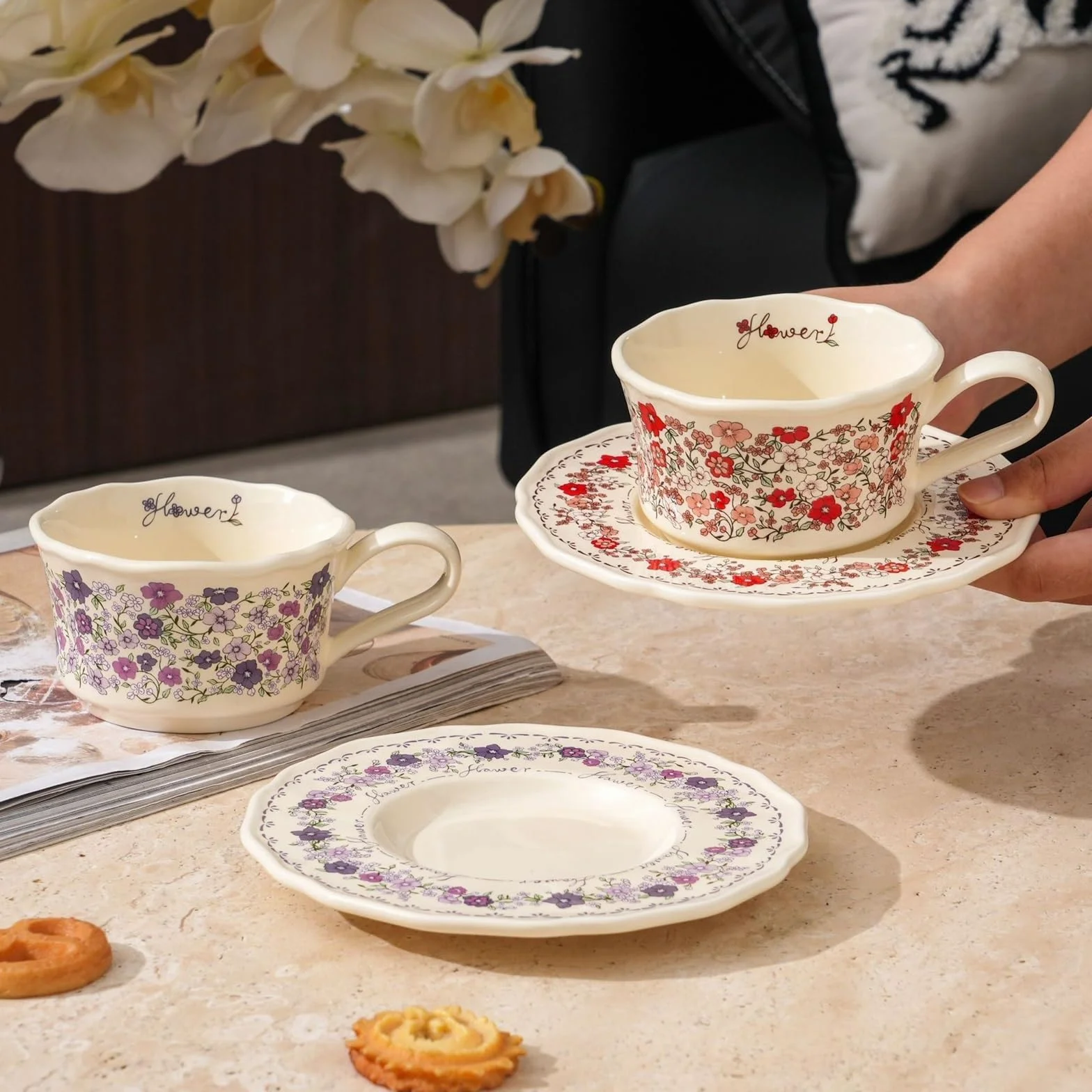 Duszpasterski kwiatowy kubek spodek zestaw ceramiczny kubek do kawy retro