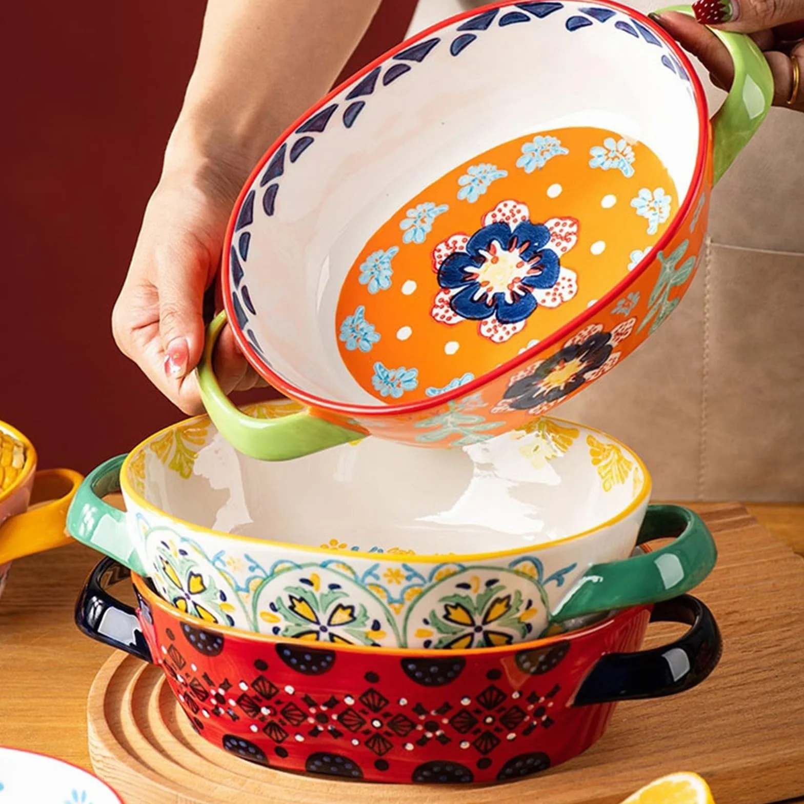 Lasagne Patelnie Ceramiczne Kreatywne Podszkliwne Kolorowe Naczynia Odporne Na Wysokie Temperatury Blacha Do Pieczenia Talerz obiadowy Podwójne Ucho Talerz Na Owoce Do Pieczenia Ciasta Domowe Do