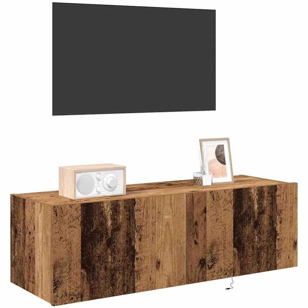 Szafka ścienna pod telewizor, zestaw 2 sztuk, wygląd starego drewna, 100 x 35 x 31 cm, materiał drewnopochodny, unoszący się regał na media do salonu, wszechstronne oświetlenie LED, uchwyt na