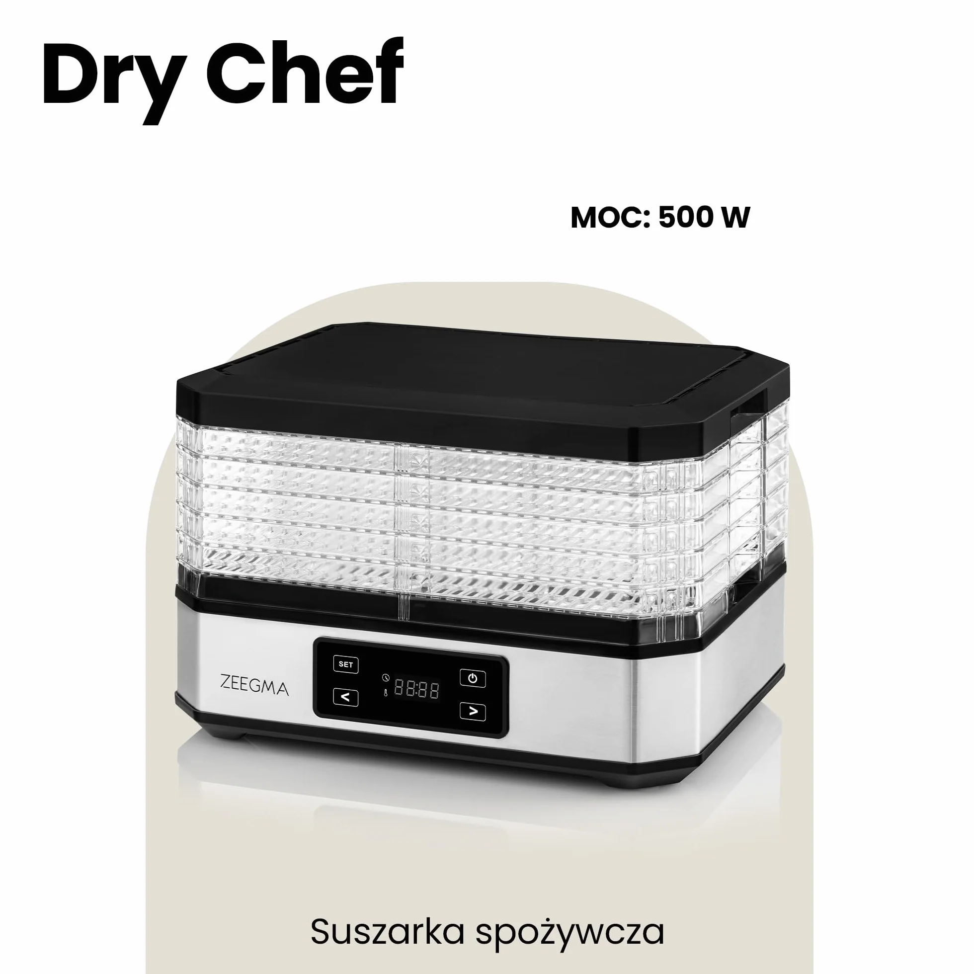 ZEEGMA DRY CHEF Suszarka do Żywności do Grzybów Moc 500 W, Suszarka Spożywcza do Owoców i Warzyw, 6 Pudełek Sit, Regulacja Temperatury 35-70˚C, Termoobieg, Timer do 72 h