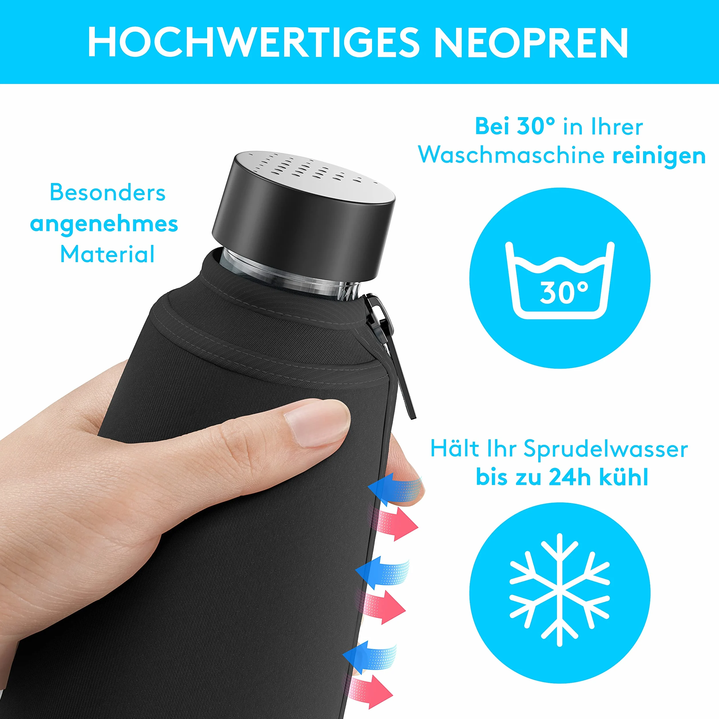 Premium etui ochronne kompatybilne ze szklaną karafką SodaStream Duo [dodatkowy efekt chłodzenia] – odporne na pęknięcia etui neoprenowe do szklanej butelki – idealne akcesorium w podróży