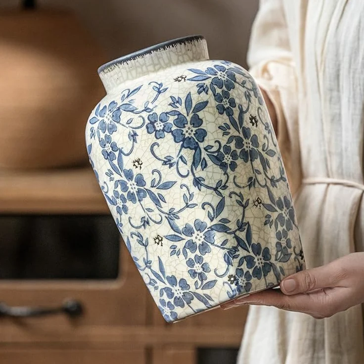 Wazon na kwiaty, salon, stolik kawowy, ganek, niebiesko-biała porcelana, retro, wazon ceramiczny z kropkami lodu, badanie parapetówki, dekoracja w stylu chińskim, dekoracja do salonu (M)