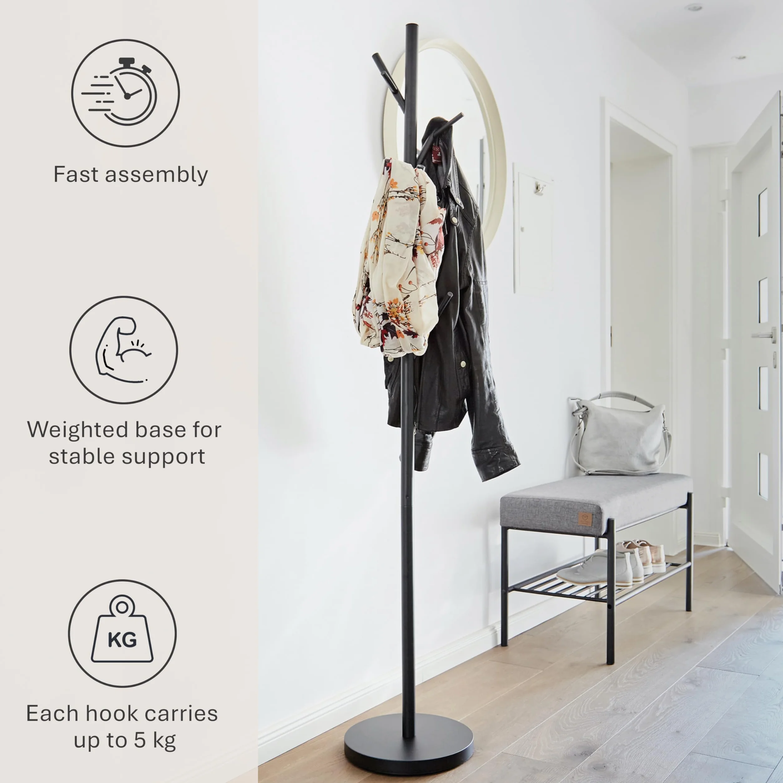 LOVE IT STORE IT Loft wieszak garderobiany z metalu – nowoczesny stojak na kurtkę do korytarza, sypialni, biura – 170 cm wysokości, stabilny – matowy czarny
