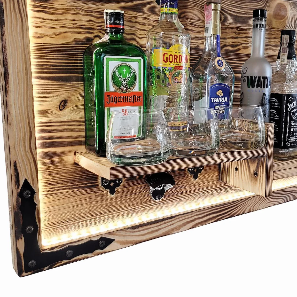weeco Regał wiszący na ścianie, oświetlenie LED, rustic alkoholowy stojak, regał ścienny, stojak na whisky