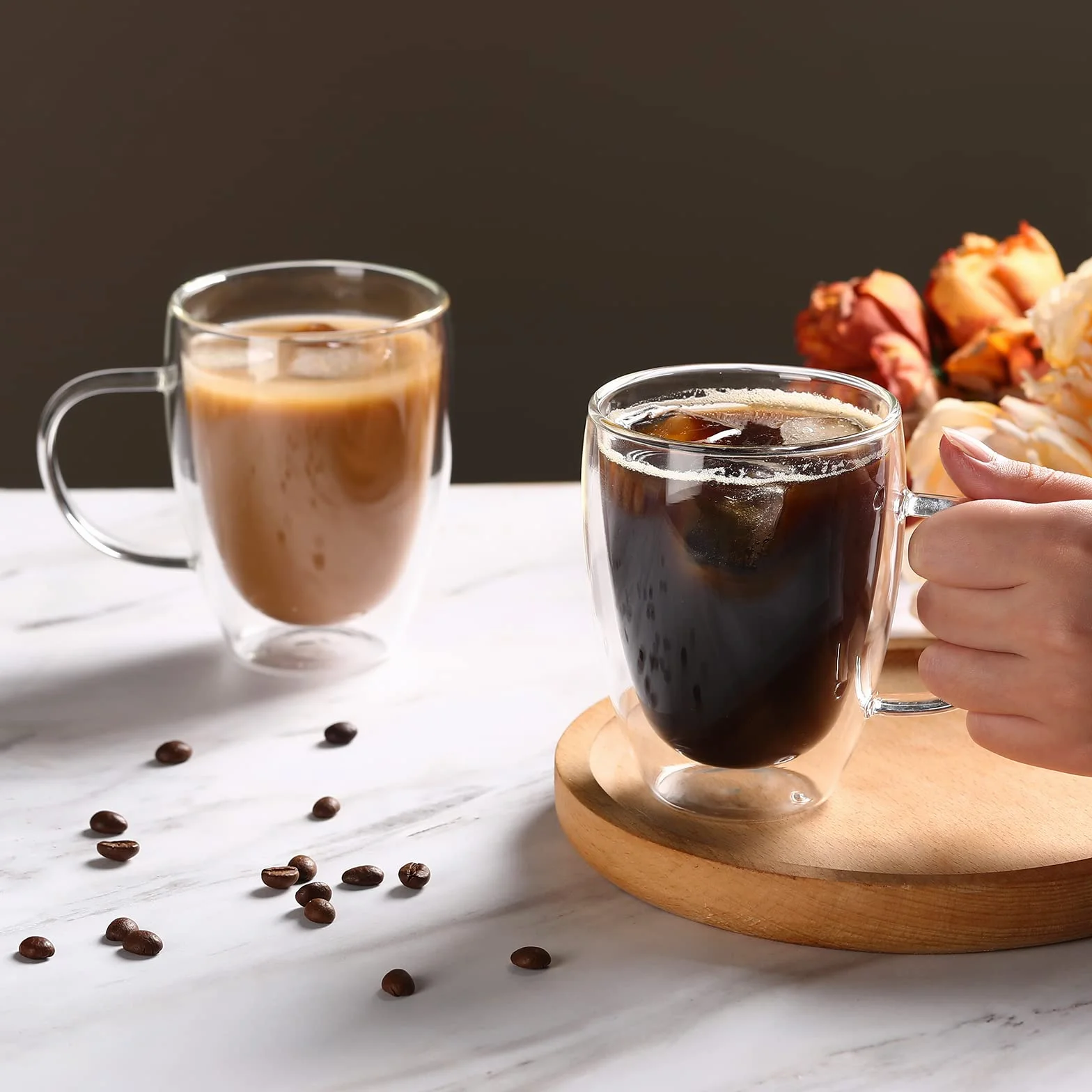 Szklane filiżanki do kawy z podwójnymi ściankami, 340 ml, izolowane filiżanki do kawy, przezroczyste filiżanki ze szkła borokrzemowego, idealne do cappuccino, herbaty, latte, espresso, gorących