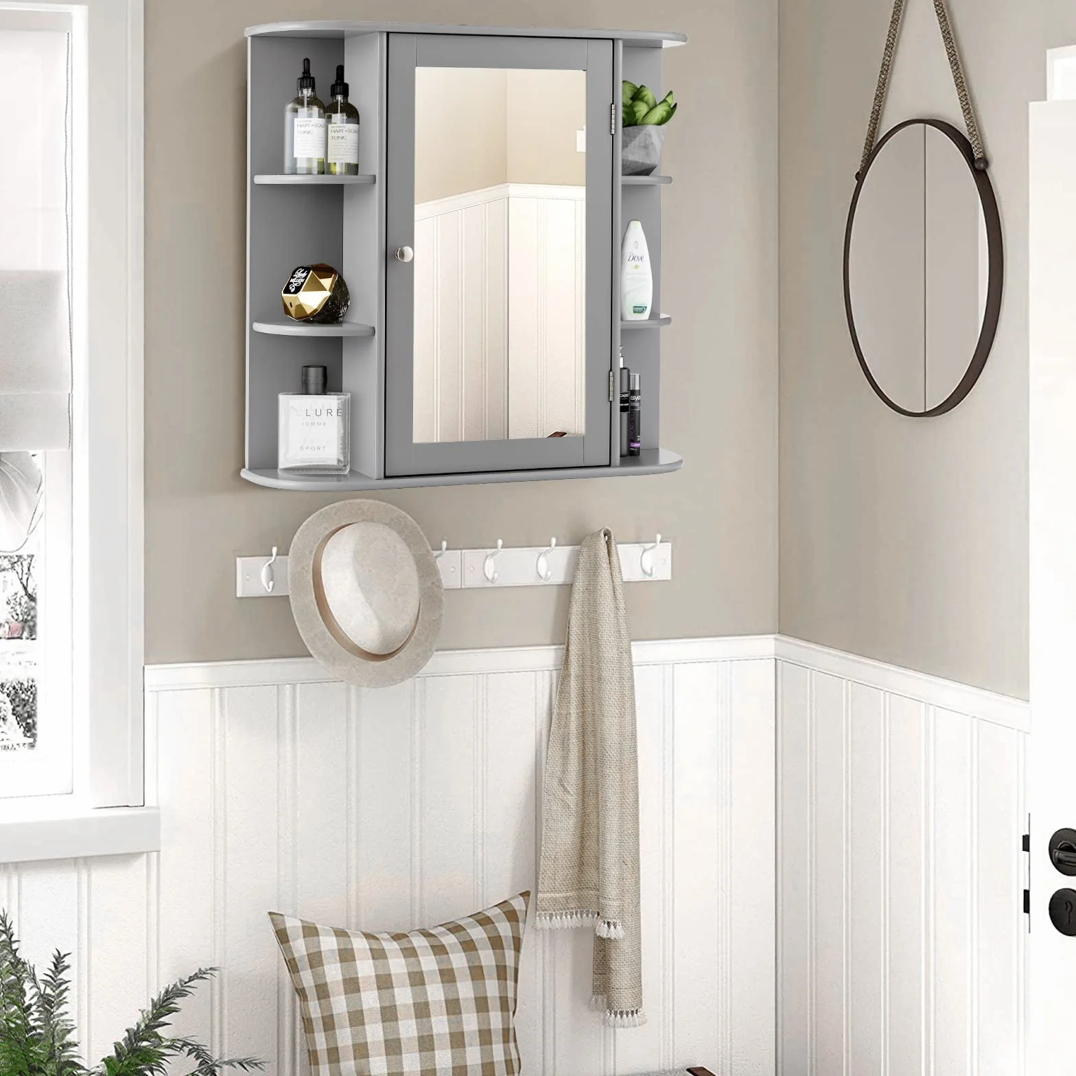 GIANTEX Szafka łazienkowa z lustrem, wisząca, 10 półek, szafka ścienna jednodrzwiowa, szafka na kosmetyki, 65 x 17 x 64 cm, szara
