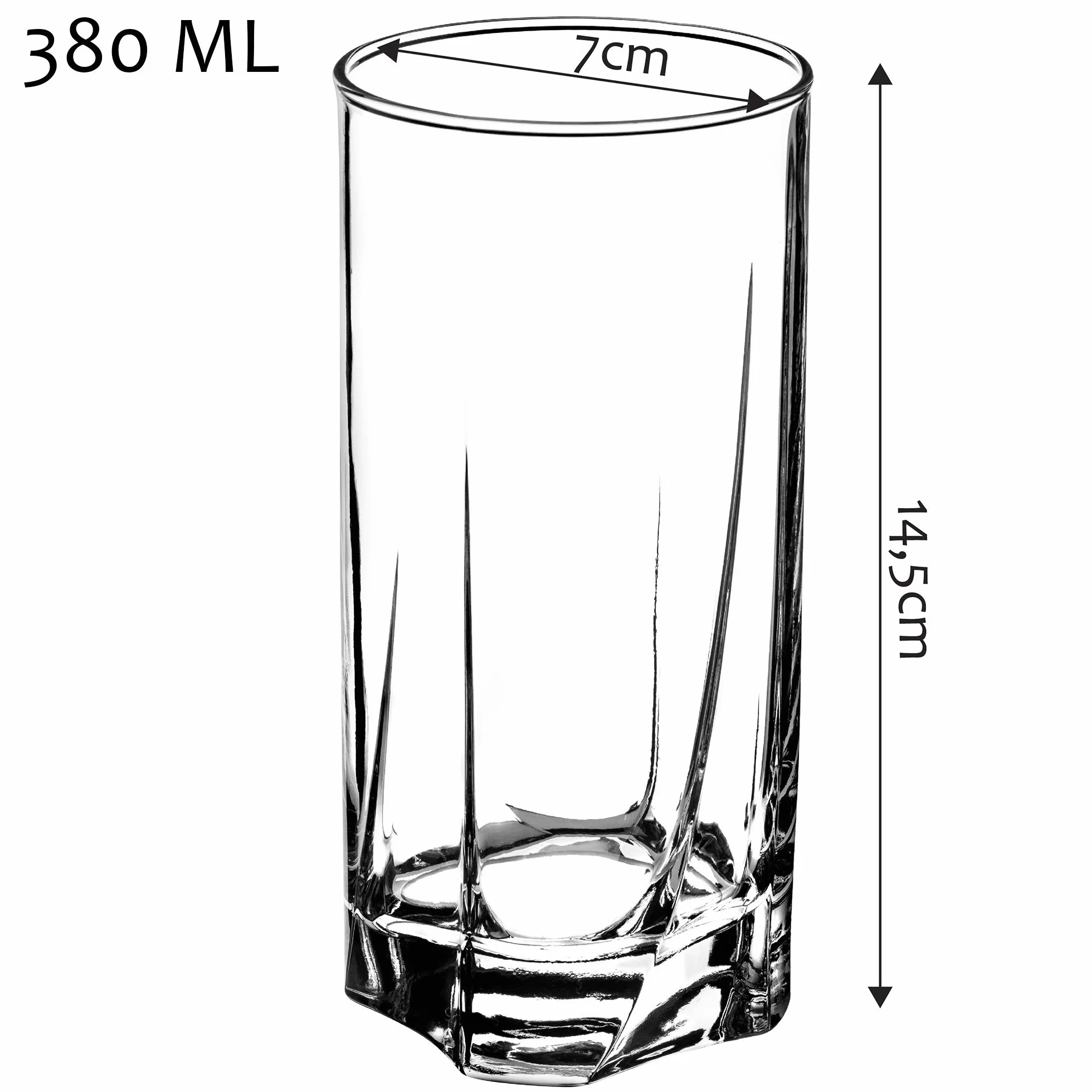 KADAX Zestaw 6 szt. Szklanki wysokie żłobione 380 ml do wody, soku i drinków oferują pewny chwyt dzięki żłobieniu, a grube ścianki zwiększają wytrzymałość.