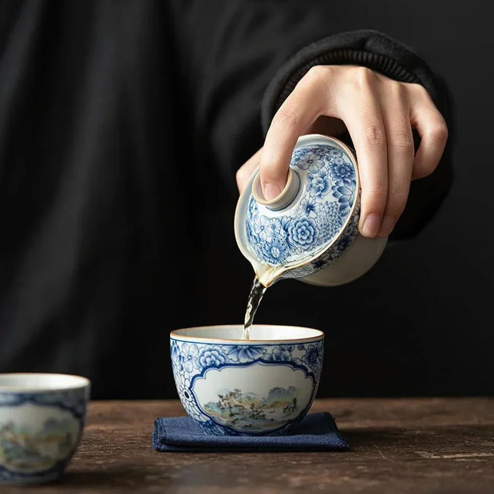 Dzbanek z prezentami Podróżny zestaw do herbaty Kwiaty ceramiczne Zestawy do herbaty Zestaw do herbaty Herbata Kung Fu Porcelana Gaiwan Filiżanka Miska Ceremonia parzenia herbaty(Travel Teaware Set)