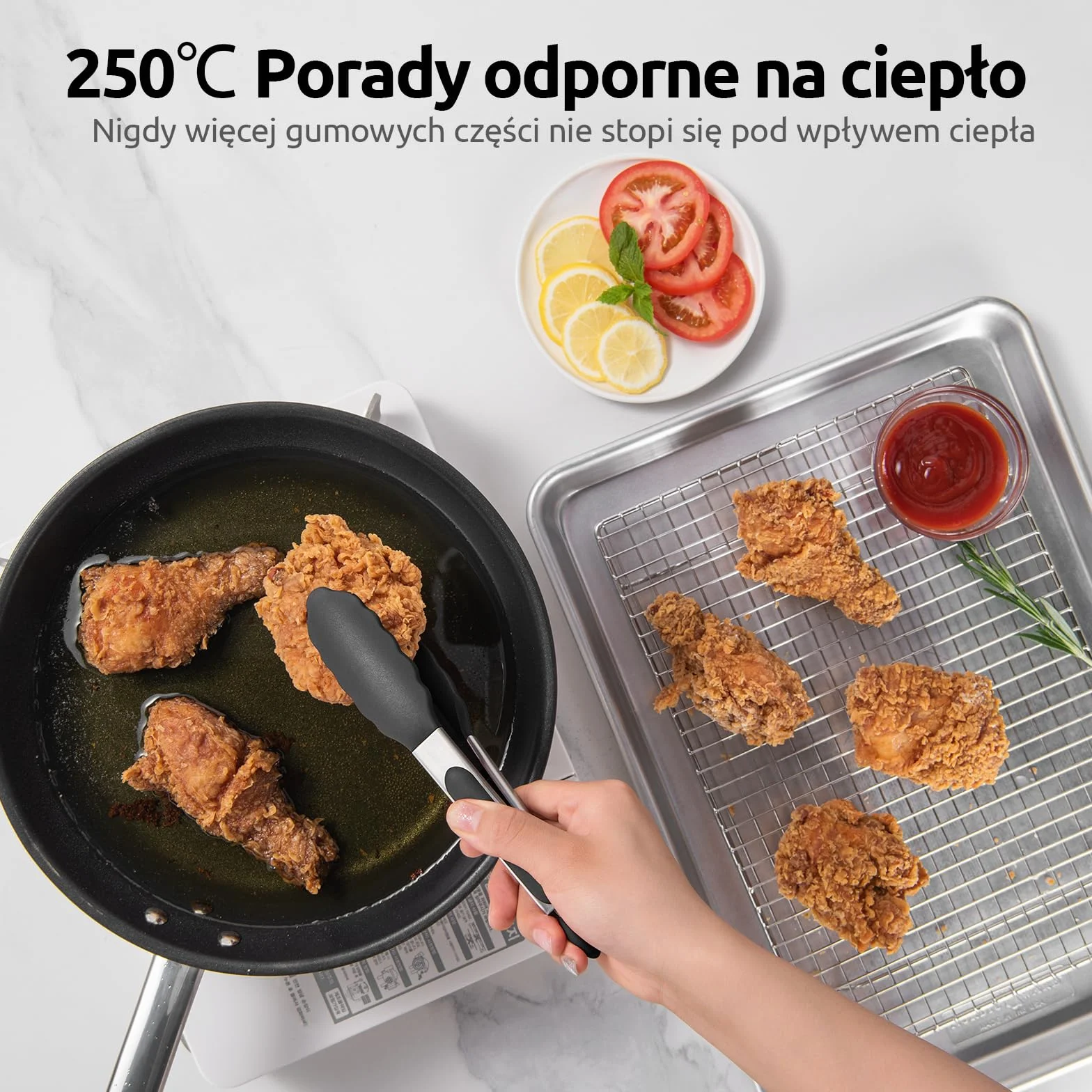 U-Taste Szczypce kuchenne silikonowe 18cm: żaroodporne do 250℃ szczypce do gotowania z mocno uszczelnionymi antyprzylepnymi gumowymi końcówkami i pokrytą silikonem stalową rączką i gładkim zamknięciem