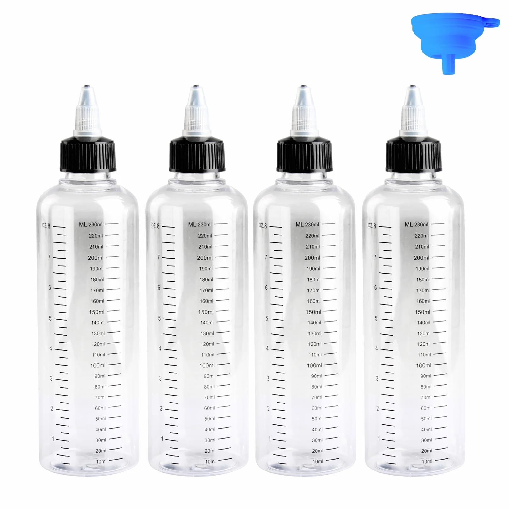 4 butelki wyciskane 250 ml, plastikowe butelki na sos, przezroczyste butelki do wyciskania, z tworzywa sztucznego, z nakrętkami do dozowników sosów, octu sojowego, ketchupu, oleju, z lejkiem