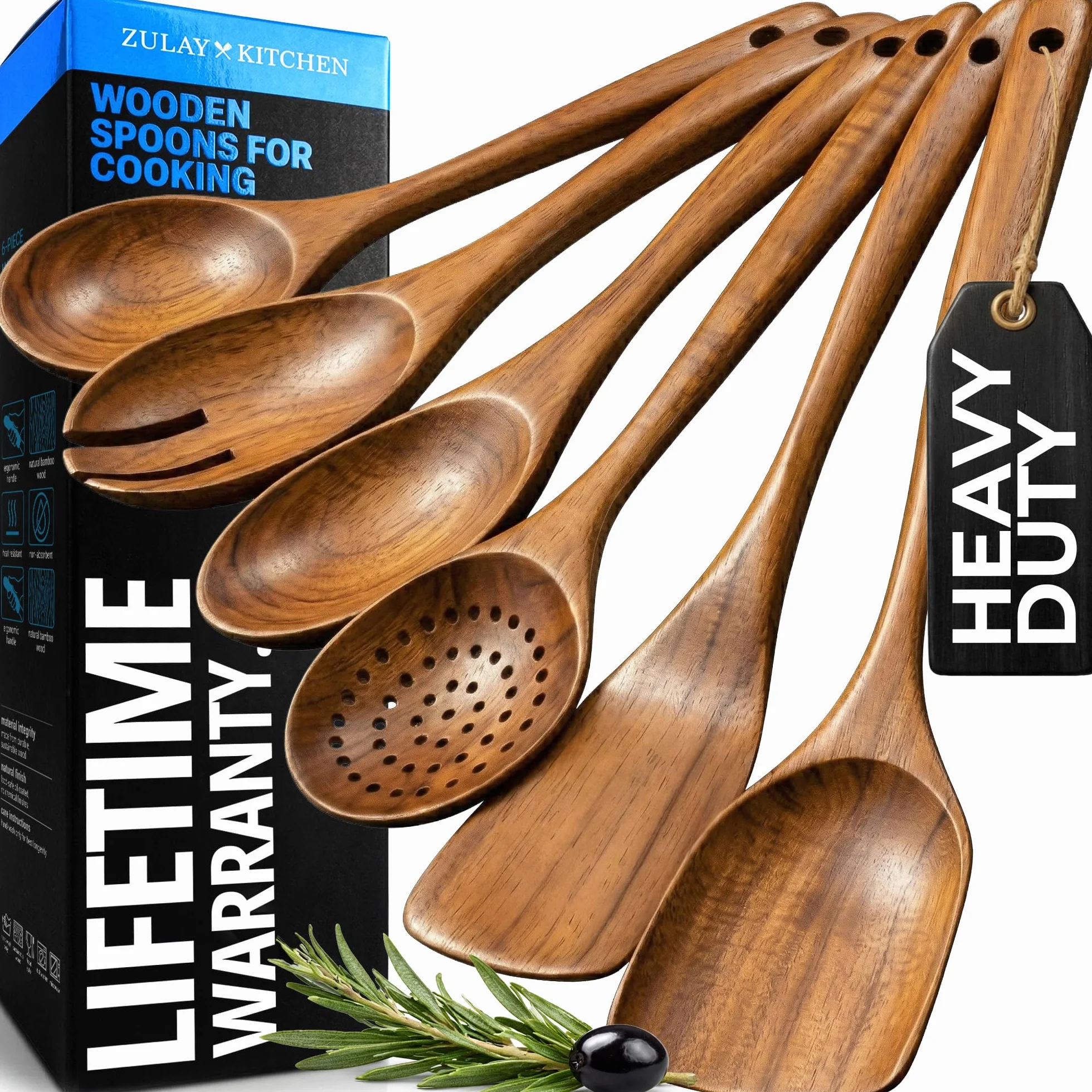 Zulay Kitchen Wysokiej jakości drewniane przybory do gotowania – zestaw 6 szt. nieprzywierający, miękki, wygodny uchwyt, drewniane przybory kuchenne - gładkie wykończenie tekowe drewniane zestawy