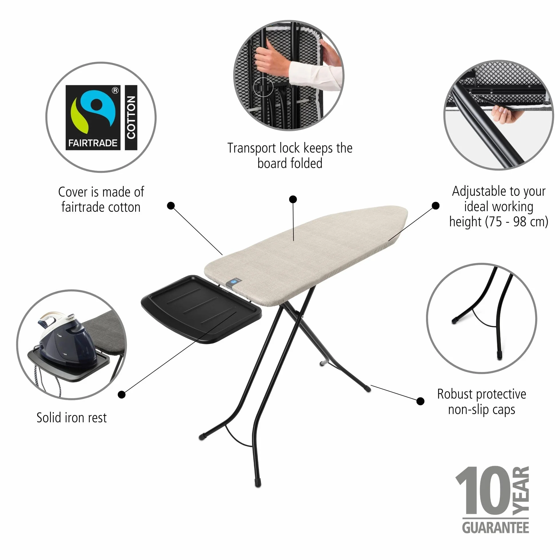 Brabantia Ironing Board C, 124x45cm - Denim Grey | 100% Fairtrade Cotton | Stable & Large Ironing Board | Foldable with Adjustable Height & Solid Steam Iron Rest | Fairtrade & C2C Certified