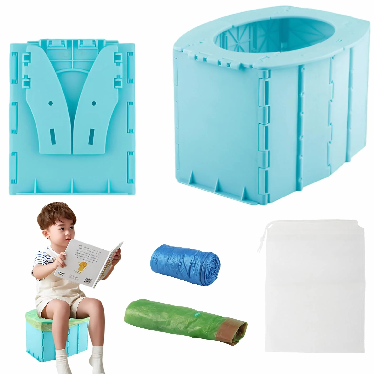 Vaskula Potty for On the Go Travel Toilet Children with Storage Bag and 35 Garbage Bags Foldable Potty for Emergencies Hiking Camping Car Indoor and Outdoor Use (Blue)