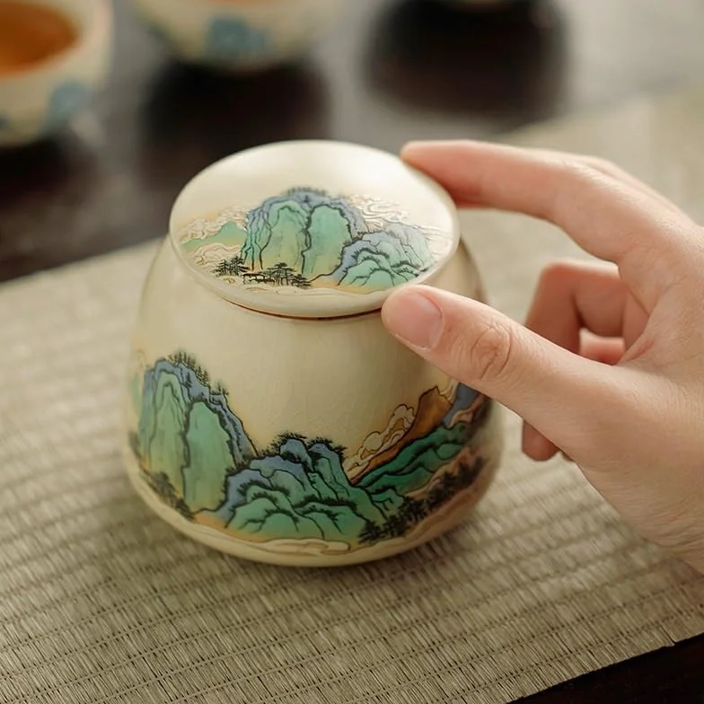 Pojemniki na herbatę na herbatę sypką Beżowy ceramiczny pojemnik na herbatę Ru Kiln, mały rozmiar, zielony Pu'er, czerwony i liście, zamknięte kadzidło w proszku