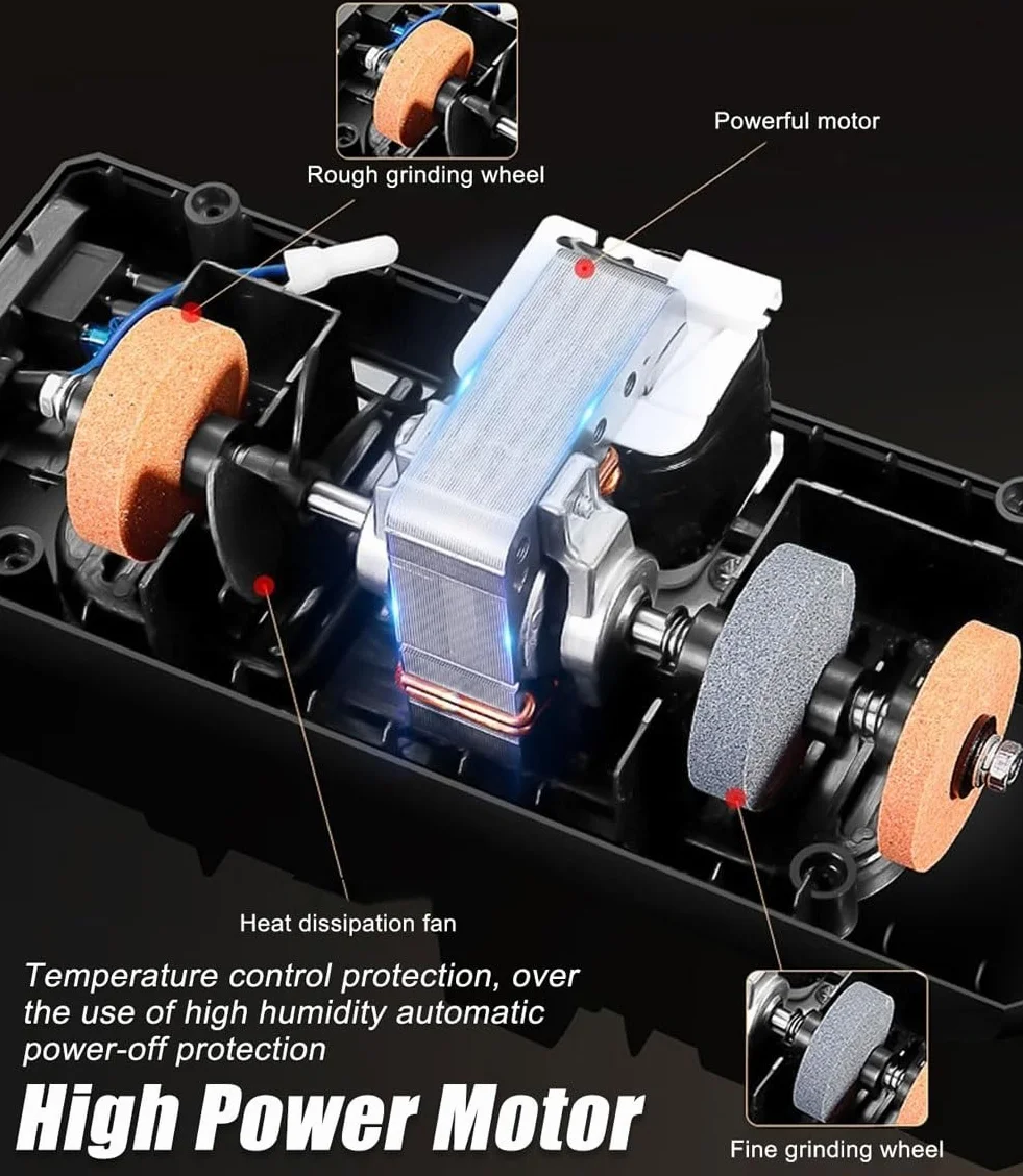 Elektryczna ostrzałka do noży 4 w 1, profesjonalny system diamentowego ostrzenia noży i nożyczek z prostą krawędzią, szybkie szlifowanie w 5 sekund zgrubne i dokładne, silnik 50 W 2800 obr./min