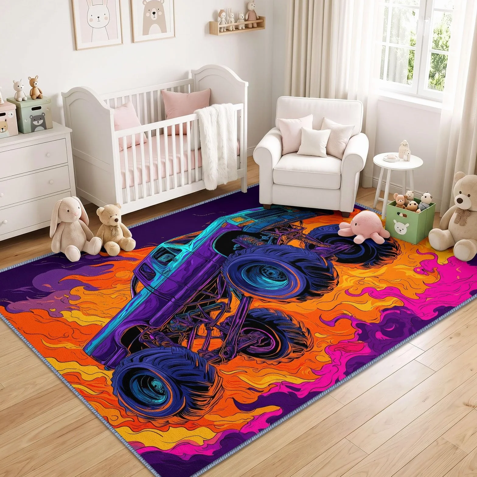 American Street dywan 160 x 230 cm, zmywalny, Monster Truck, płomień, dywan do salonu, antypoślizgowy dywan z niskim runem do sypialni, jadalni, salonu, biura, wewnątrz, dekoracja domu, dekoracyjny