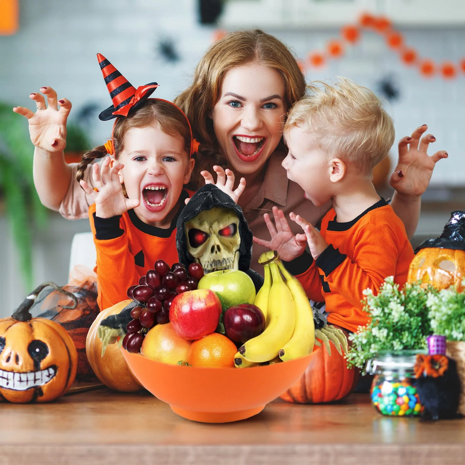 Halloweenowa Miska na Cukierki, Uchwyt na Cukierki na Halloween Animowany Szkielet Elektryczny świecący Duch Czaszka Miska na Cukierki z Czerwonymi Oczami i Przerażającym(Pomarańczowy)