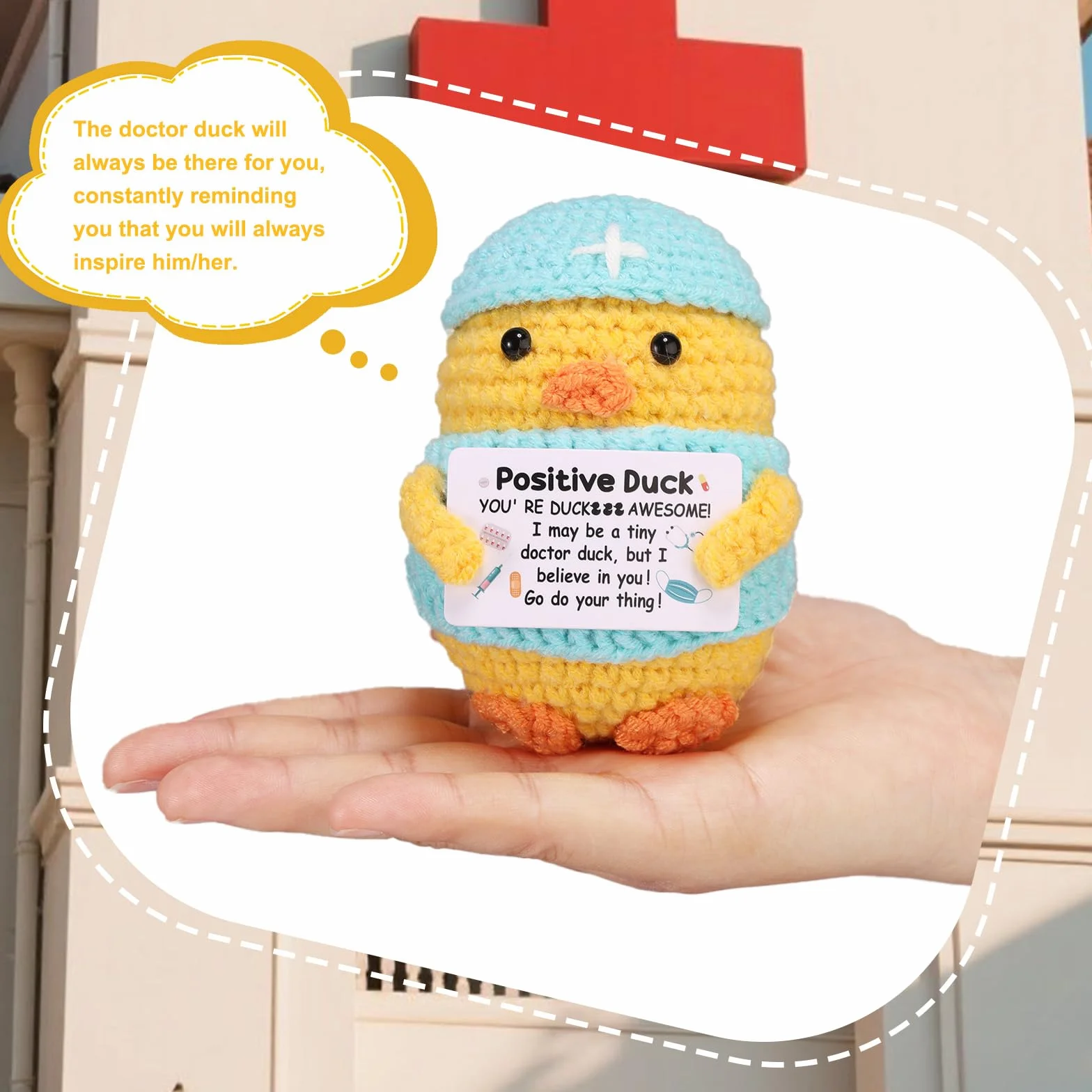 TOYMIS Doktor Motyw Pozytywna Szydełkowa Kaczka, 8cm Ręcznie Robiona Emocjonalna Dziergana Kaczka Lalka Wsparcia z Inspirującą Kartą Pozytywny Prezent Dekoracja dla Przyjaciół Dekoracja Biurka