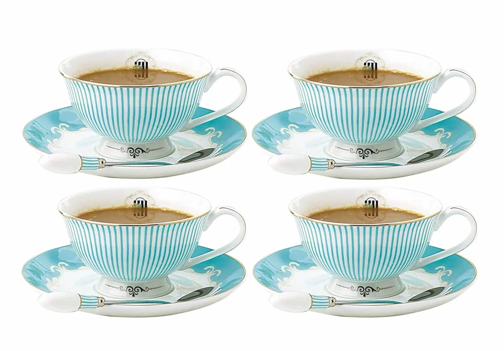 Szklanki do picia szklane kubki, zestaw filiżanek i spodków Porcelana kostna Filiżanka do kawy i herbaty na śniadanie Popołudniowa herbata - wzór w niebieskie paski (4)