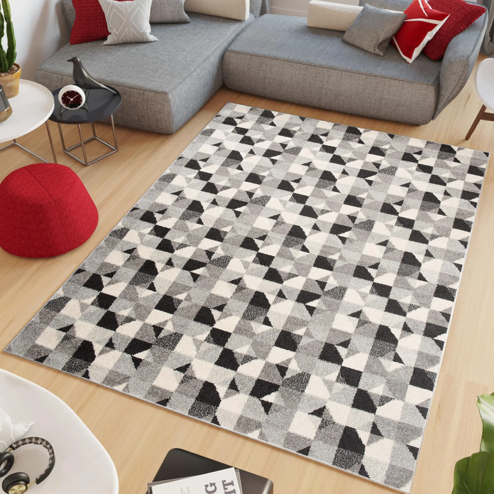 Tapiso LAZUR dywan do salonu, krótkie runo, nowoczesne wzornictwo, geometryczne figurki, kolor czarny, szary, kremowy, sypialnia, Ökotex 300 x 400 cm