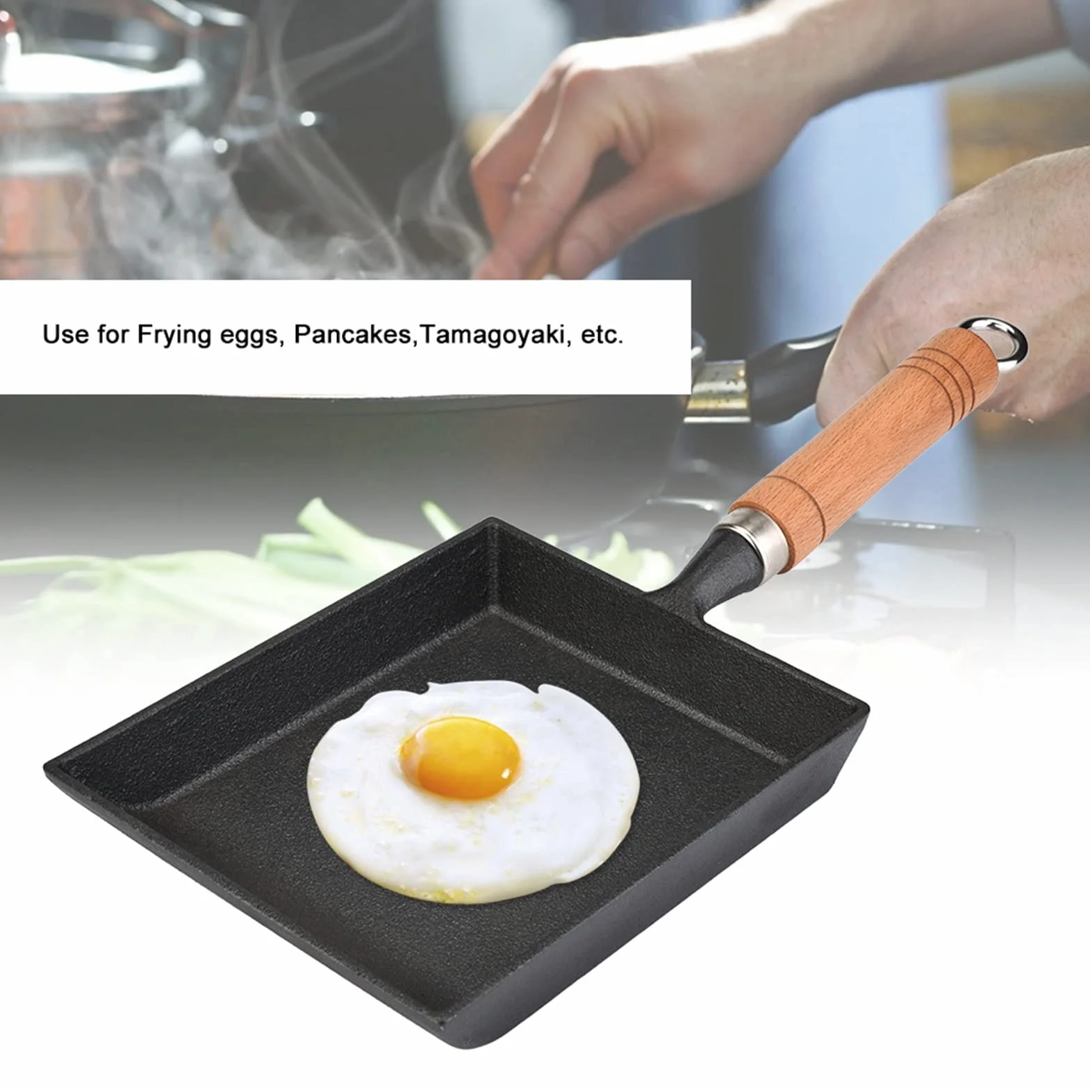 Tamagoyaki Patelnia żelazna Japońska Patelnia Jaja Prostokąt Miski Miski Japońska Miska do Patelni Drewniana Rączka Tamagoyaki Panecznia na Gazach Gazowych, Halogenowych,