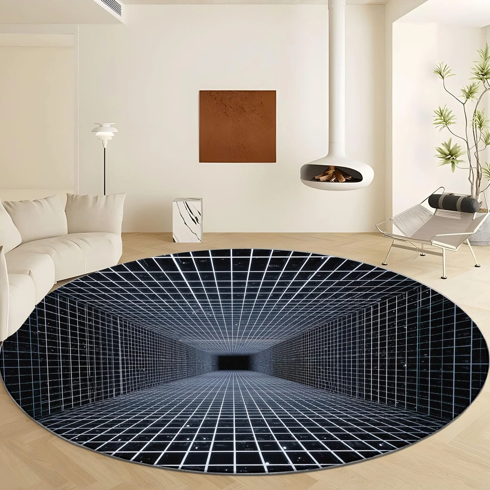 Wewnętrzny okrągły dywan 220 cm geometryczny czarny biały klocki w paski, dywan do salonu nadający się do prania abstrakcyjna przestrzeń - nowoczesny miękki antypoślizgowy dywan do sypialni pokoju