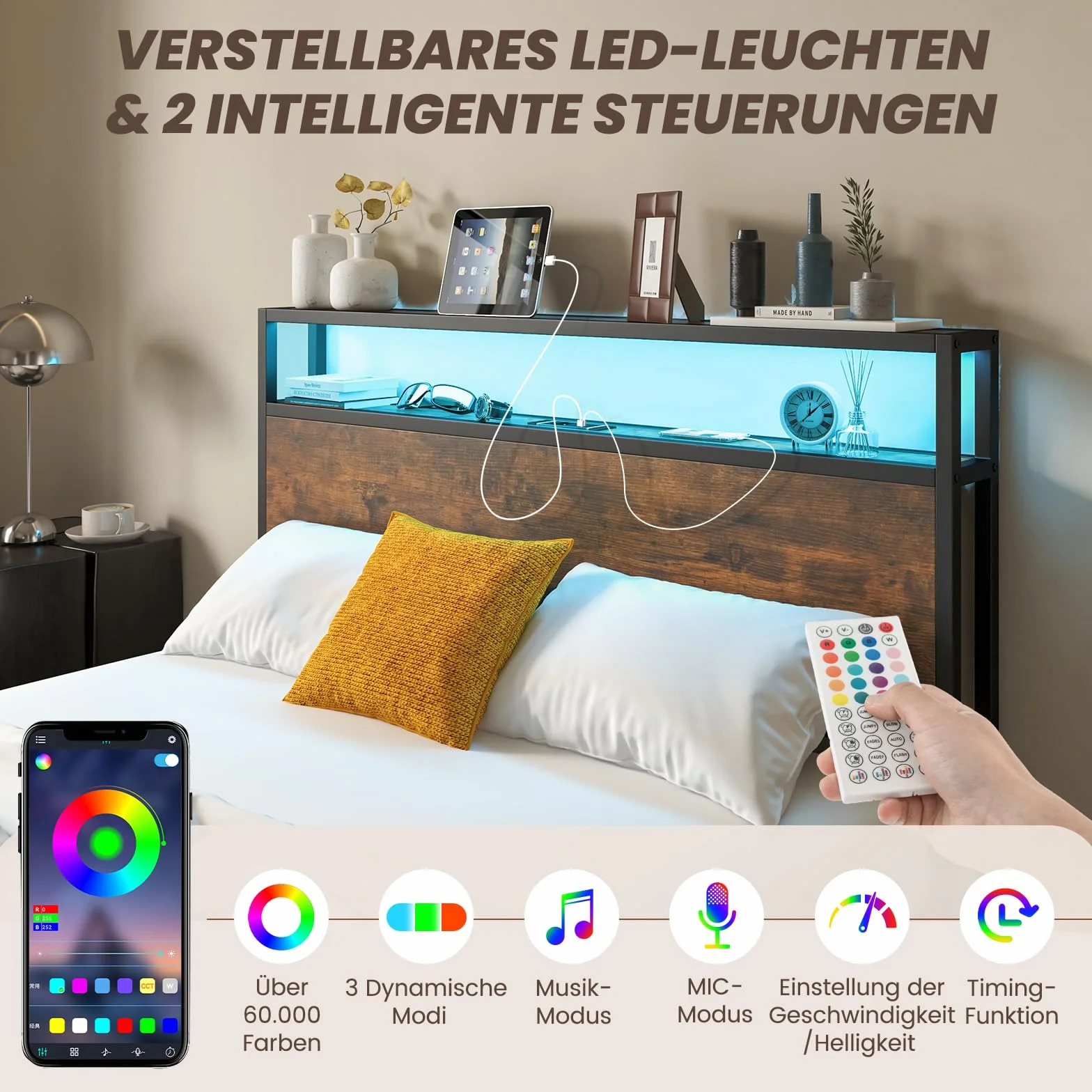 COSTWAY Łóżko z oświetleniem LED, stacją ładującą i 4 szufladami, łóżko z miejscem do przechowywania z zagłówkiem i stelażem, łóżko metalowe, z przemysłową ramą, dwuosobowe: 200 x 140 cm