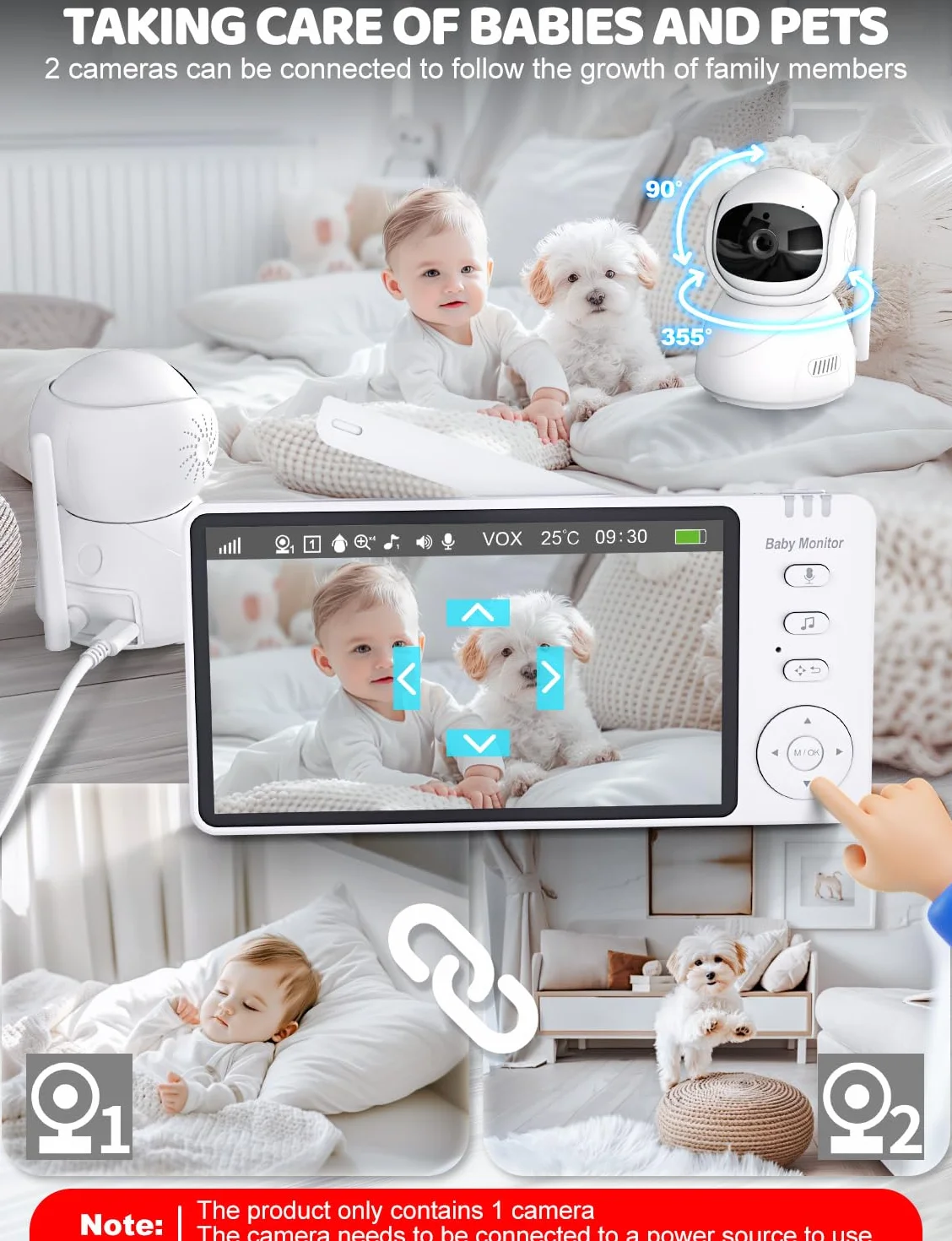 OBVHNUA Baby Monitor 5 sztuk Kamera dla niemowląt Ekran 720P HD Babyphone Wideo Baby Monitor z Pan-Tilt 2X-4X Zoom Wizja nocna VOX Intercom 8 Kołysanek 5 Budzik Temperatura Czas
