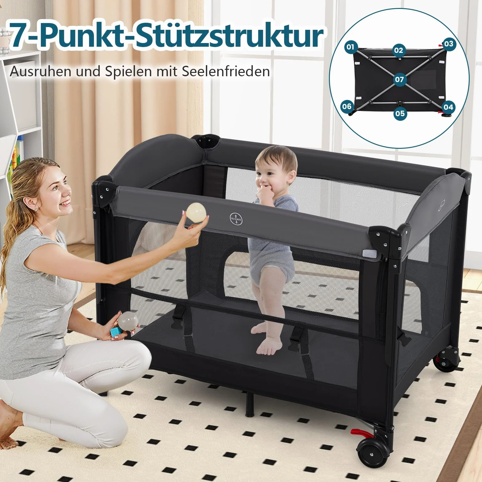 COSTWAY Łóżko dostawne 5 w 1, łóżeczko turystyczne dla niemowląt z materacem, z regulacją wysokości, z nakładką do przewijania, siatką i łukiem do zabawy, wózek wiklinowy z kółkami i torbą do