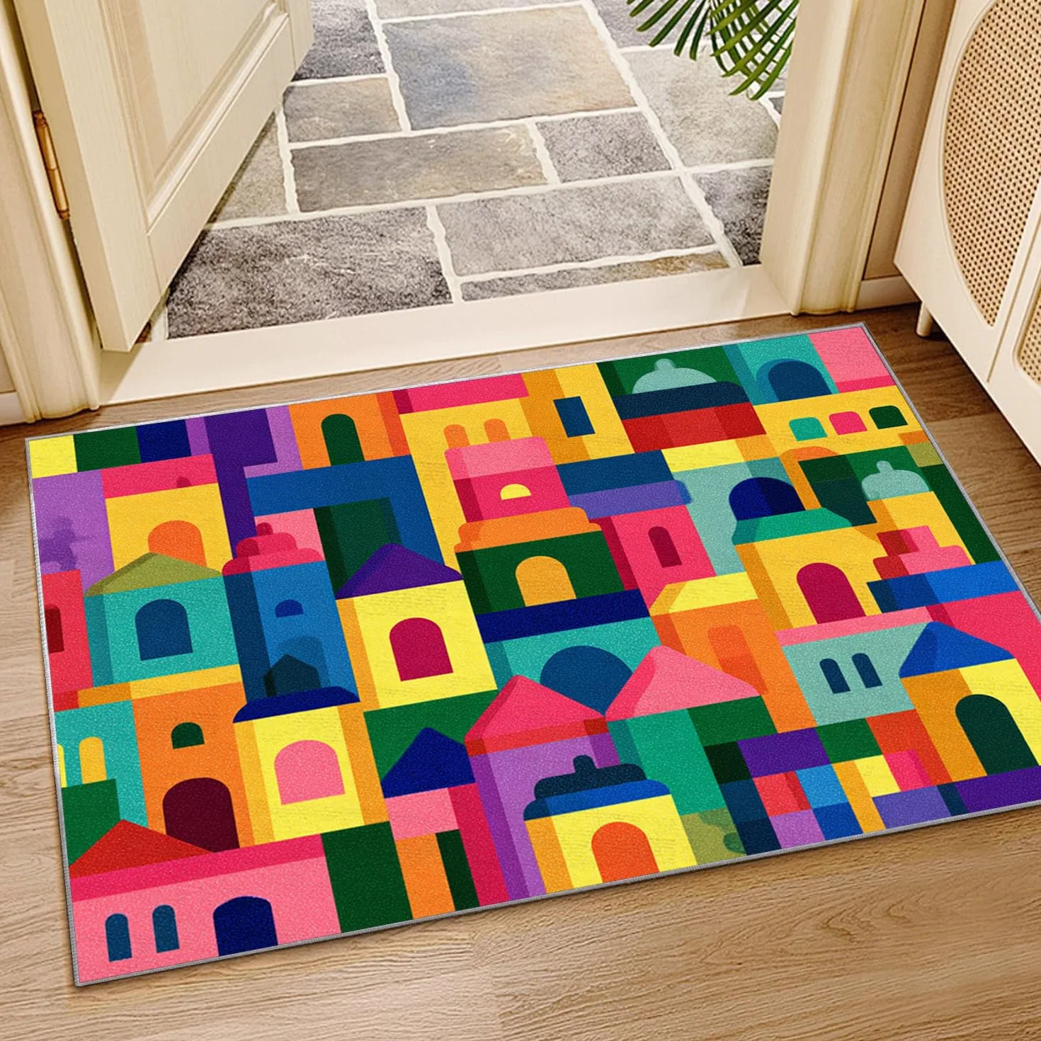 Kolorowy drukowany dywan do salonu miejski z kolorowymi klockami do łazienki, kuchni (wielokolorowy)-180x270cm