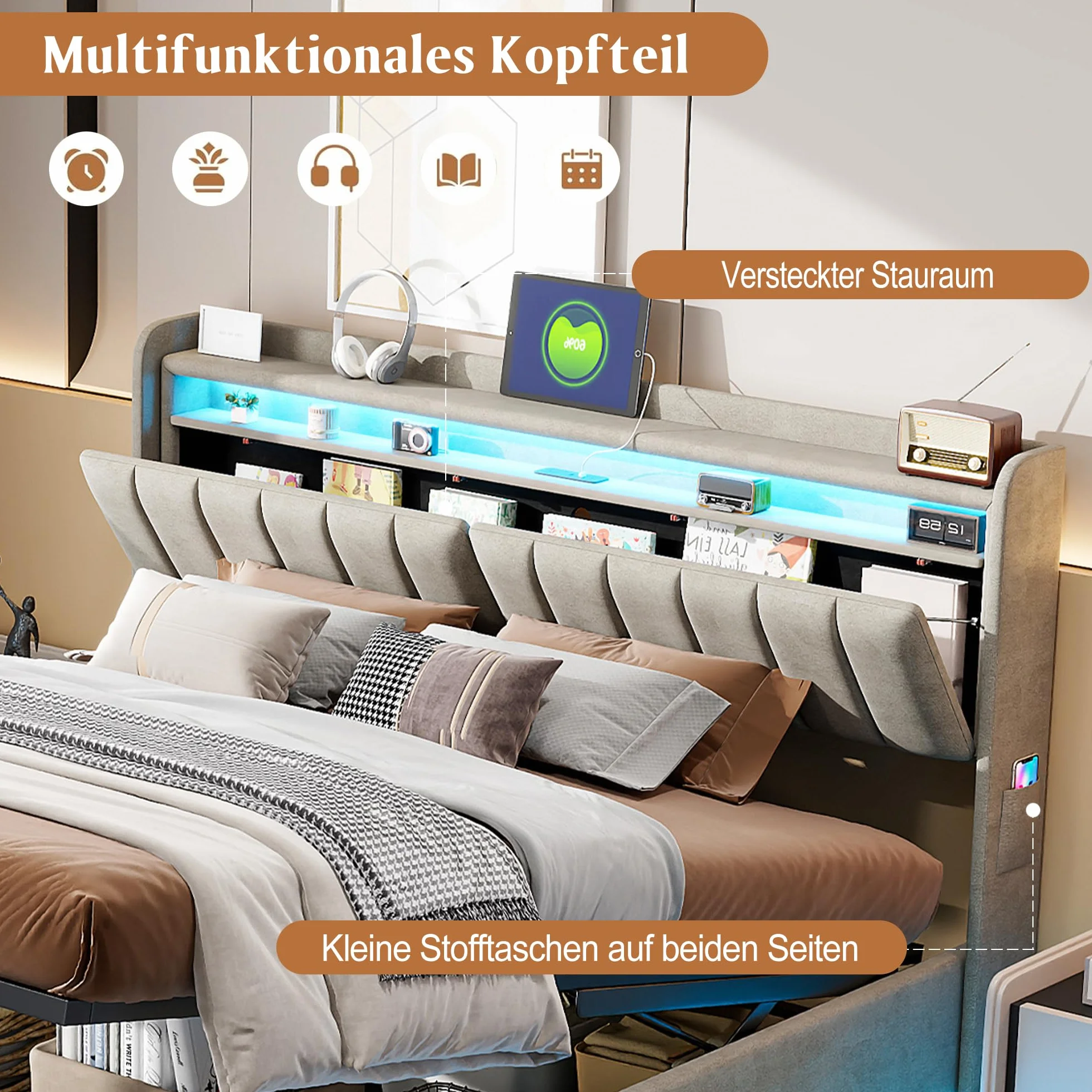 Łóżko 160x200 z pojemnikiem i oświetleniem LED,łóżko podwójne z tapicerowanym zagłówkiem,łóżko podwójne z listwowym stelażem dla dorosłych i nastolatków,hydraulicznie tapicerowana rama łóżka