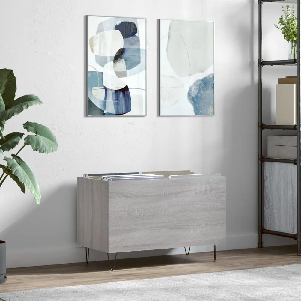 Sonoma szafka panelowa, szara, 74,5 x 38 x 48 cm, materiał drewnopochodny z żelaznymi nogami, do winylu, płyt winylowych, płyt winylowych, schowków, salonu, rozrywki, zarządzania kablami
