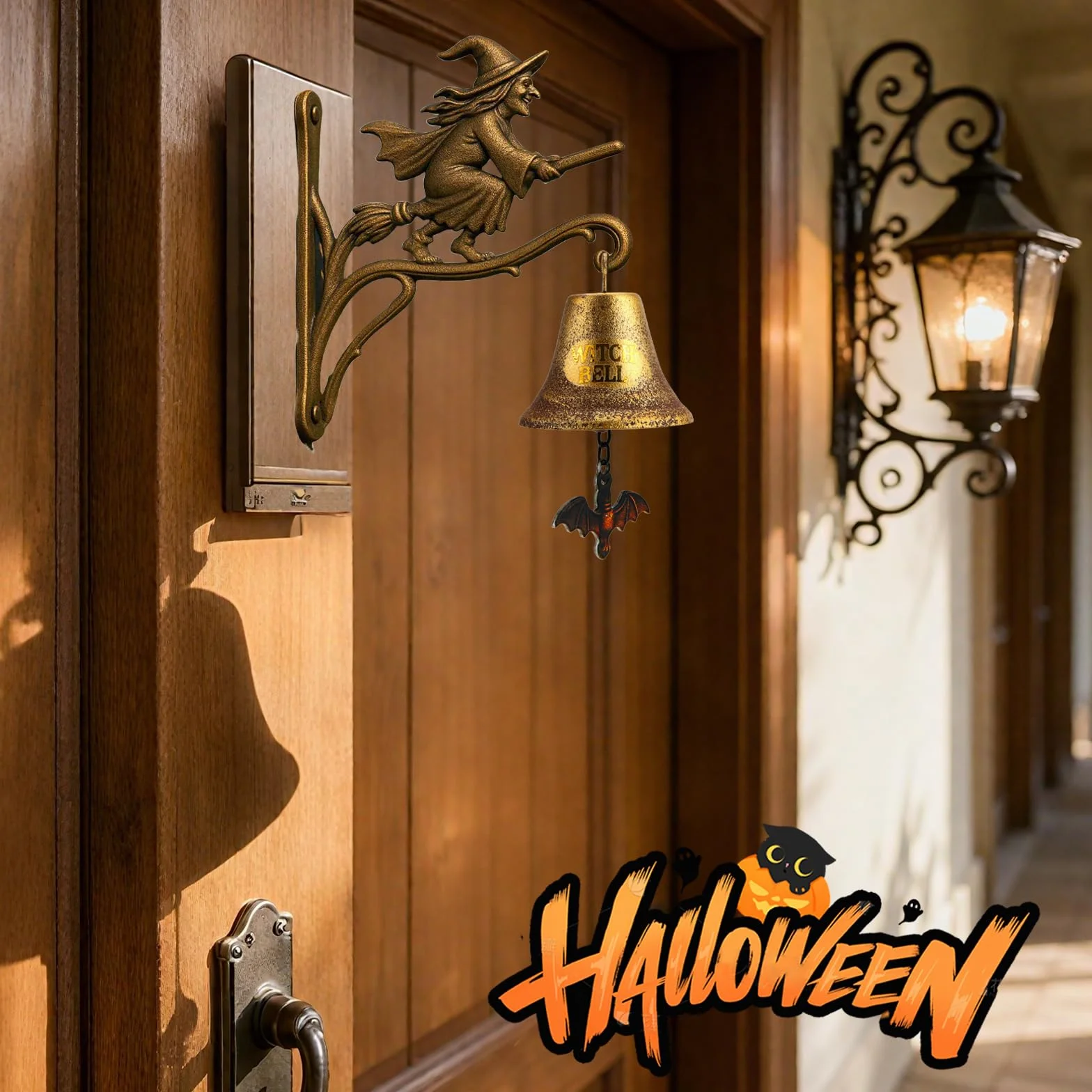 Dzwonek do drzwi na Halloween, w stylu vintage, dzwonek czarownicy, do zawieszenia, montaż ścienny, dzwonek czarownicy, z miotłą, dekoracyjny, gotycki dzwonek ogrodowy na werandę, do ogrodu, drzwi
