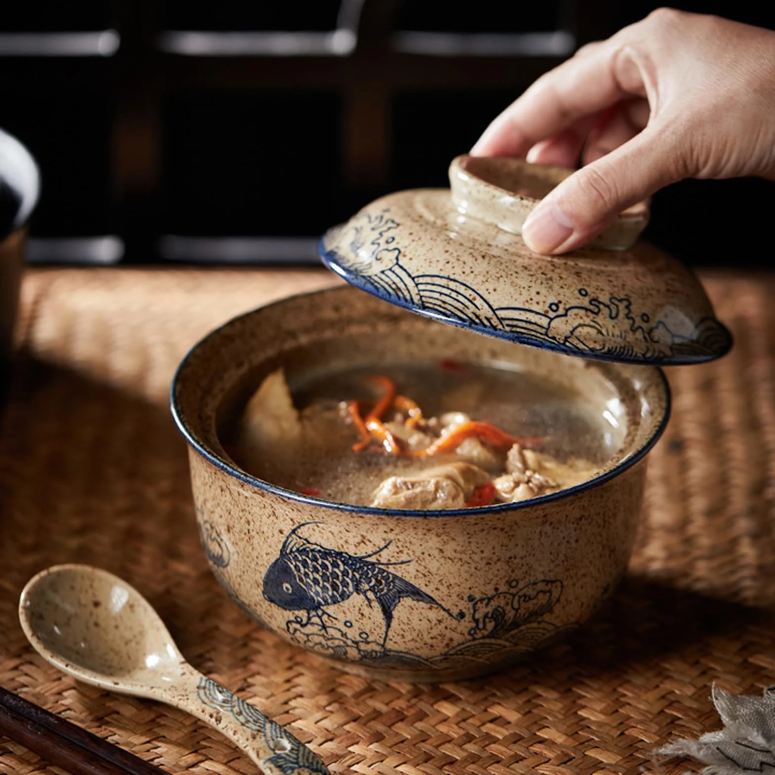 2 x zestaw misek do ramen 800 ml, ceramiczna miska do ramen z pokrywką, łyżką i pałeczkami, japońska miska na zupę, azjatyckie naczynia Ø 16 cm, miska na rameny, sałatki, musli (A)