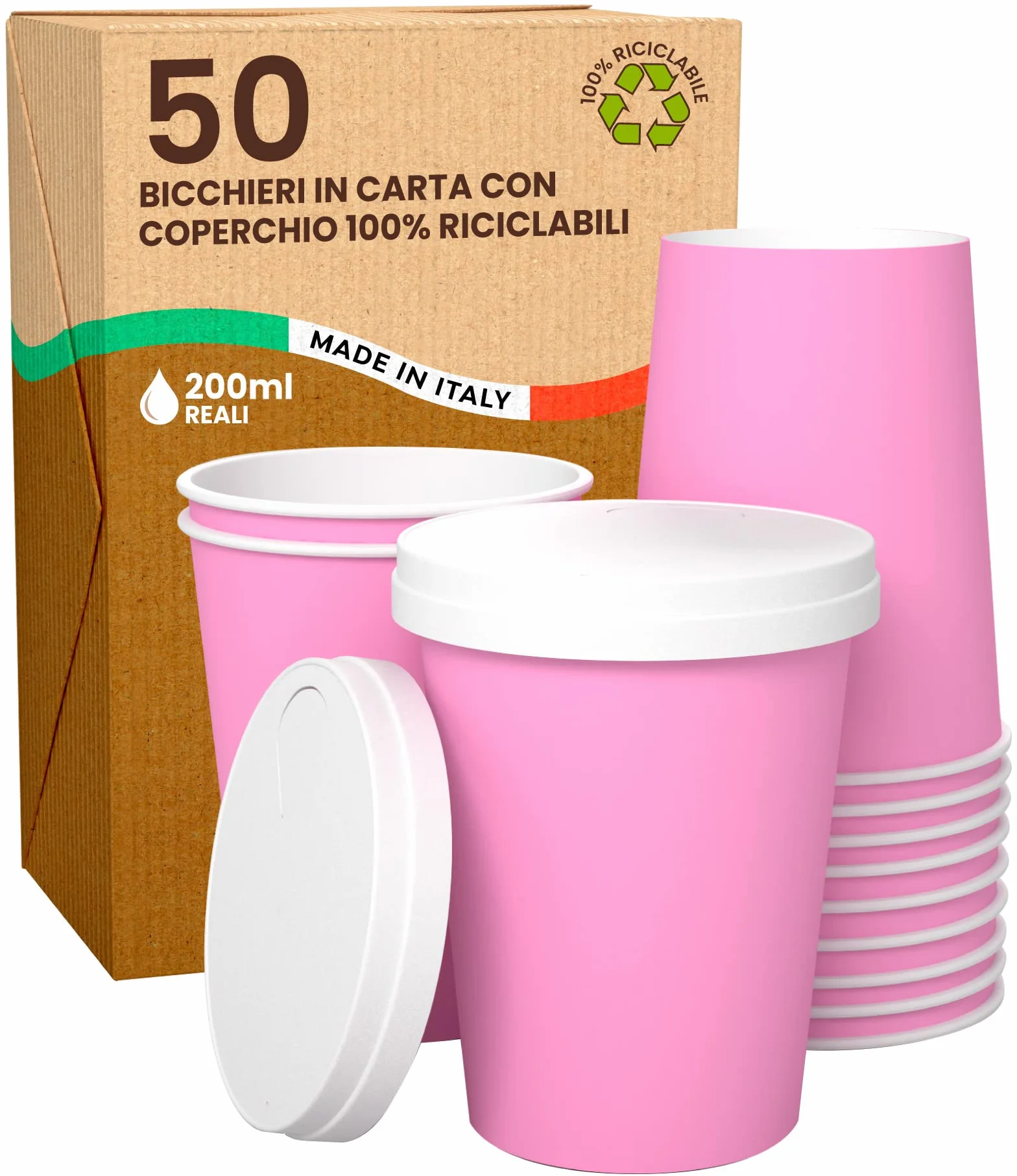 50 szklanek do kawy ASPORTO w kolorze różowym 200 ml z papierową pokrywką, ciepłe i zimne napoje herbata, przyjazne dla środowiska, biodegradowalne jednorazowe kubki + 50 papierowych pokrywek z wylewką