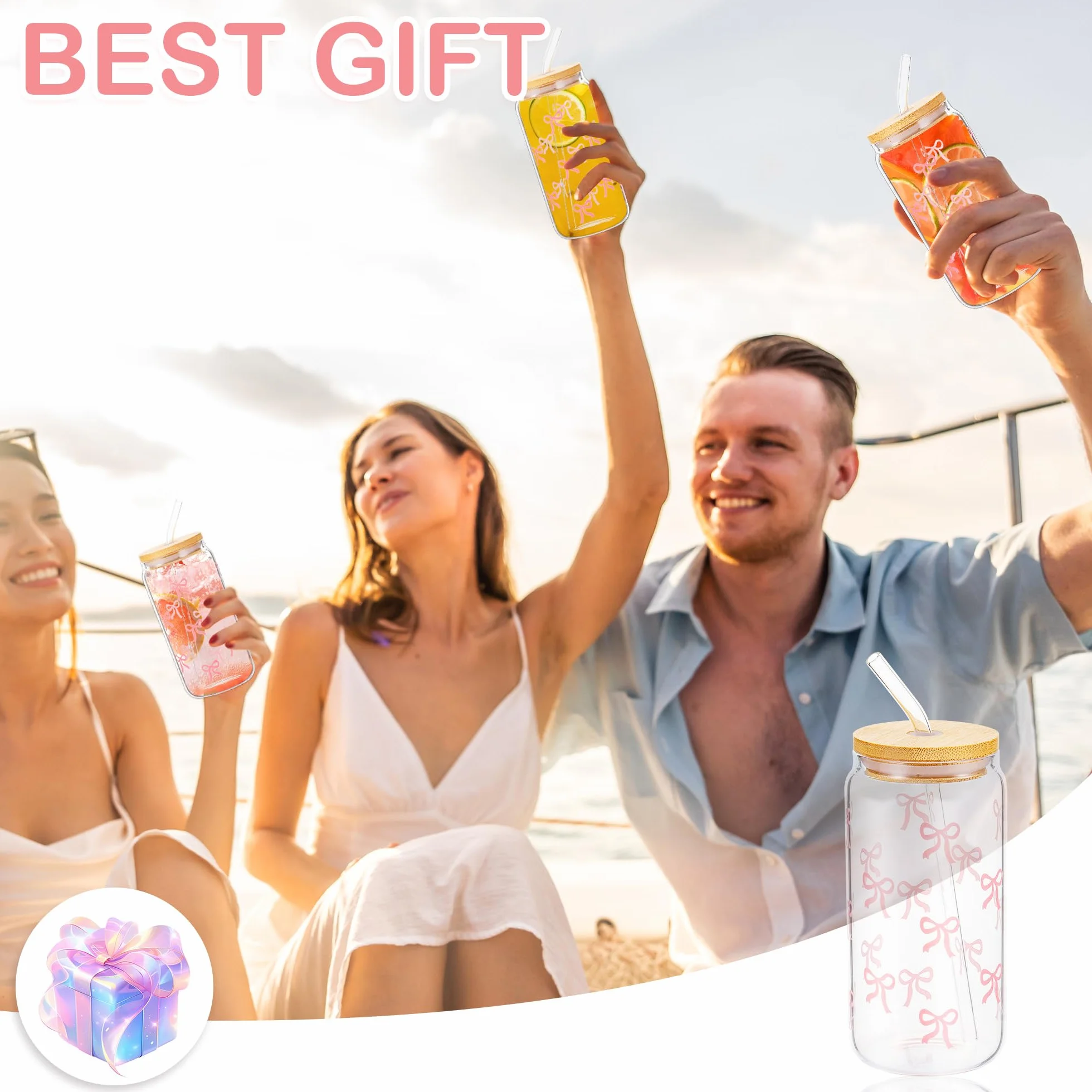 Hejo Bow Szklanka z Pokrywką i Słomką, 500 ml, Elegancki Kubek do Picia Pink Stuff, Szkło do Matchy z Aesthetic Clean Girl - Przezroczyste Naczynie do Kawy