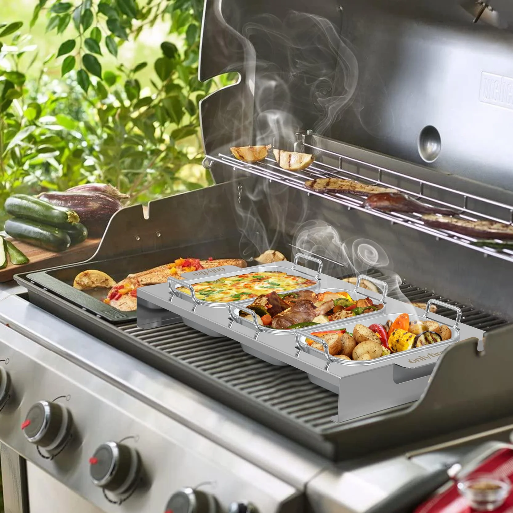 Onlyfire Zestaw 3 Patelni Grillowych do Grilla Gazowego, Tacki Grillowe ze Stali Nierdzewnej z Uchwytem i Stojakiem, akcesoria do grillowania warzyw, mięsa, krewetek, sera i chleba