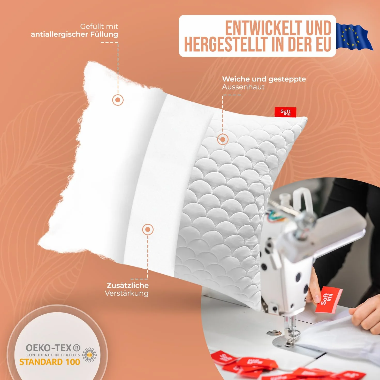 Pikowana poduszka premium SOFTIMI – antyalergiczna – antyroztoczowa – bezzapachowa do natychmiastowego użytku – z regulacją twardości (70 x 80 cm)