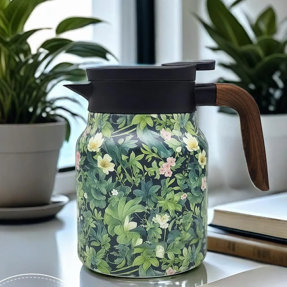 Dzbanek do herbaty w stylu vintage, kwiatowy wzór, 1000 ml, wbudowany zaparzacz do herbaty w stylu vintage, karafka termiczna ze stali nierdzewnej z pokrywką, do gorących napojów, mini dzbanek do kawy