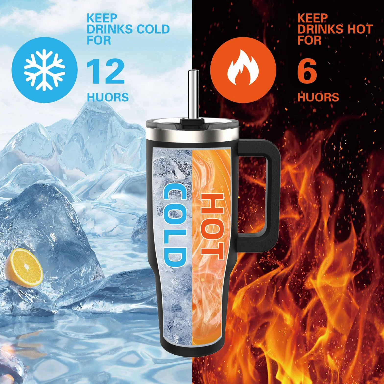 WATERSY Kubek podróżny, kubek do kawy, 1,134 ml, pokrywka ze słomką i uchwyt, stal nierdzewna, podwójna ścianka, izolowana próżniowo, butelka na wodę do zimnej gorącej kawy, 1182 ml, czarny
