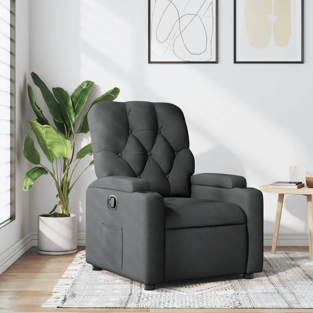 Fotel relaksacyjny, ciemnoszary, materiał z regulowanym oparciem i podnóżkiem, ergonomiczny fotel tapicerowany z drewnianą i metalową ramą, idealny do relaksu, czytania i oglądania telewizji