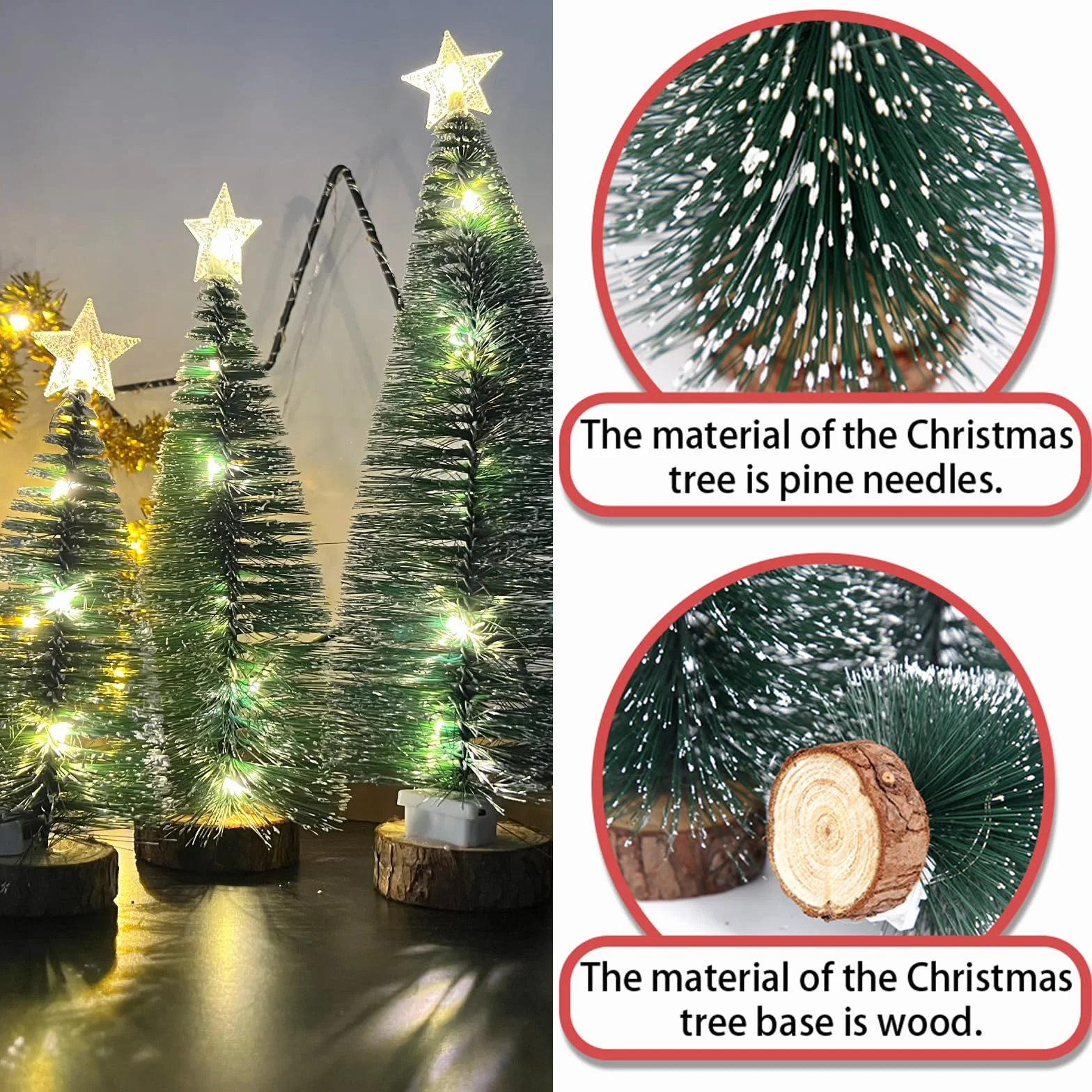 3 szt. małych choinek, mini sztuczne choinki z drewnianymi podstawami (18/22/28 cm), światłami LED i śniegami do dekoracji bożonarodzeniowych, DIY (ciepłe światło)