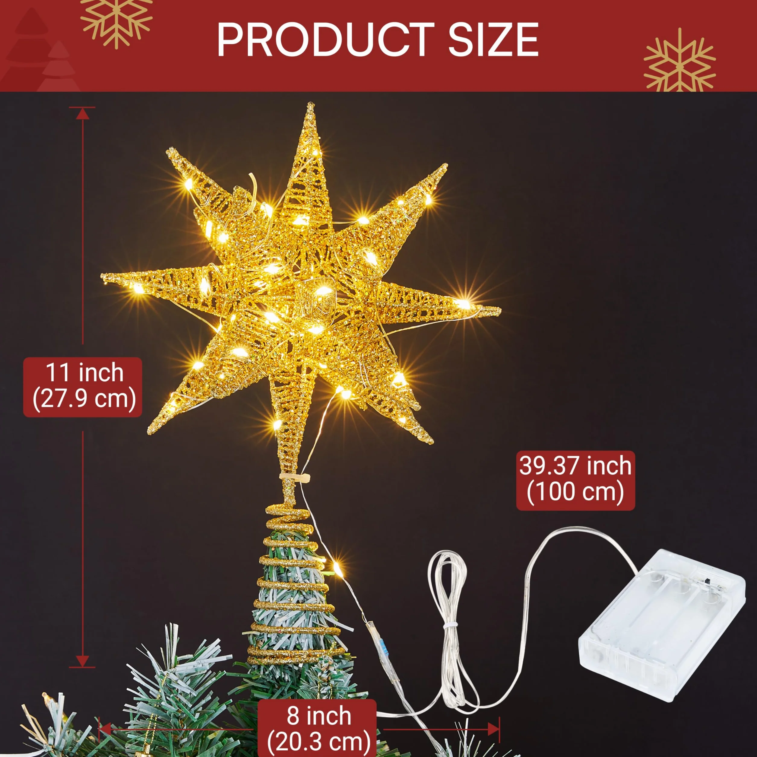 JOIEDOMI 28 cm metalowy brokat 3D gwiazda, Boże Narodzenie, złota ozdoba na choinkę, ciepła biel, 36 diod LED, z wtyczką i timerem, ozdoba na choinkę, ozdoby, dekoracje choinkowe, dom, wakacje
