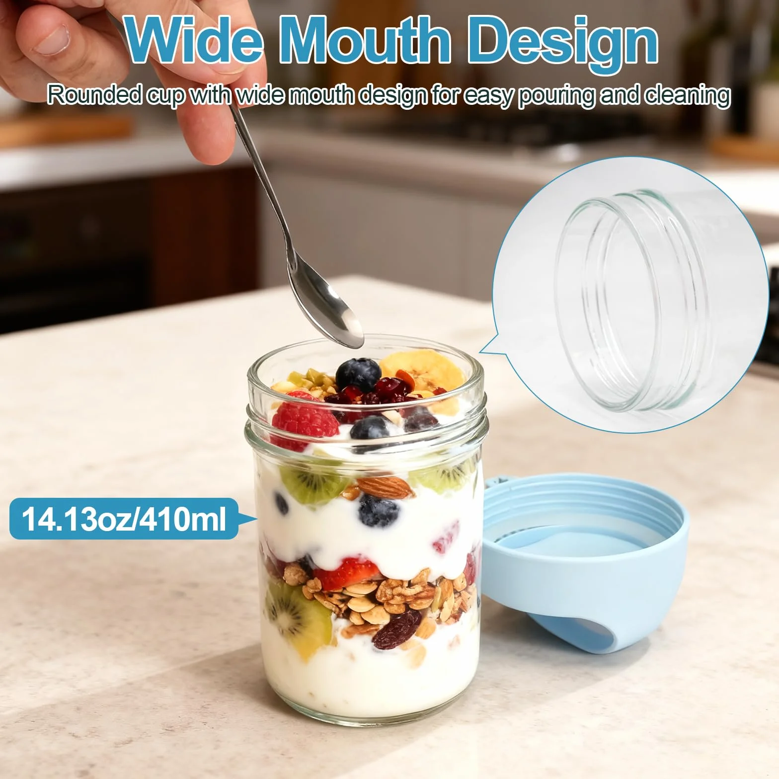 4 sztuki szklane słoiki na overnight oats z pokrywką i łyżeczką, wielokrotnego użytku, słoiki na musli na wynos, 14 uncji/410 ml, słoiki na owsiankę, jogurt, domowe musli, płatki owsiane