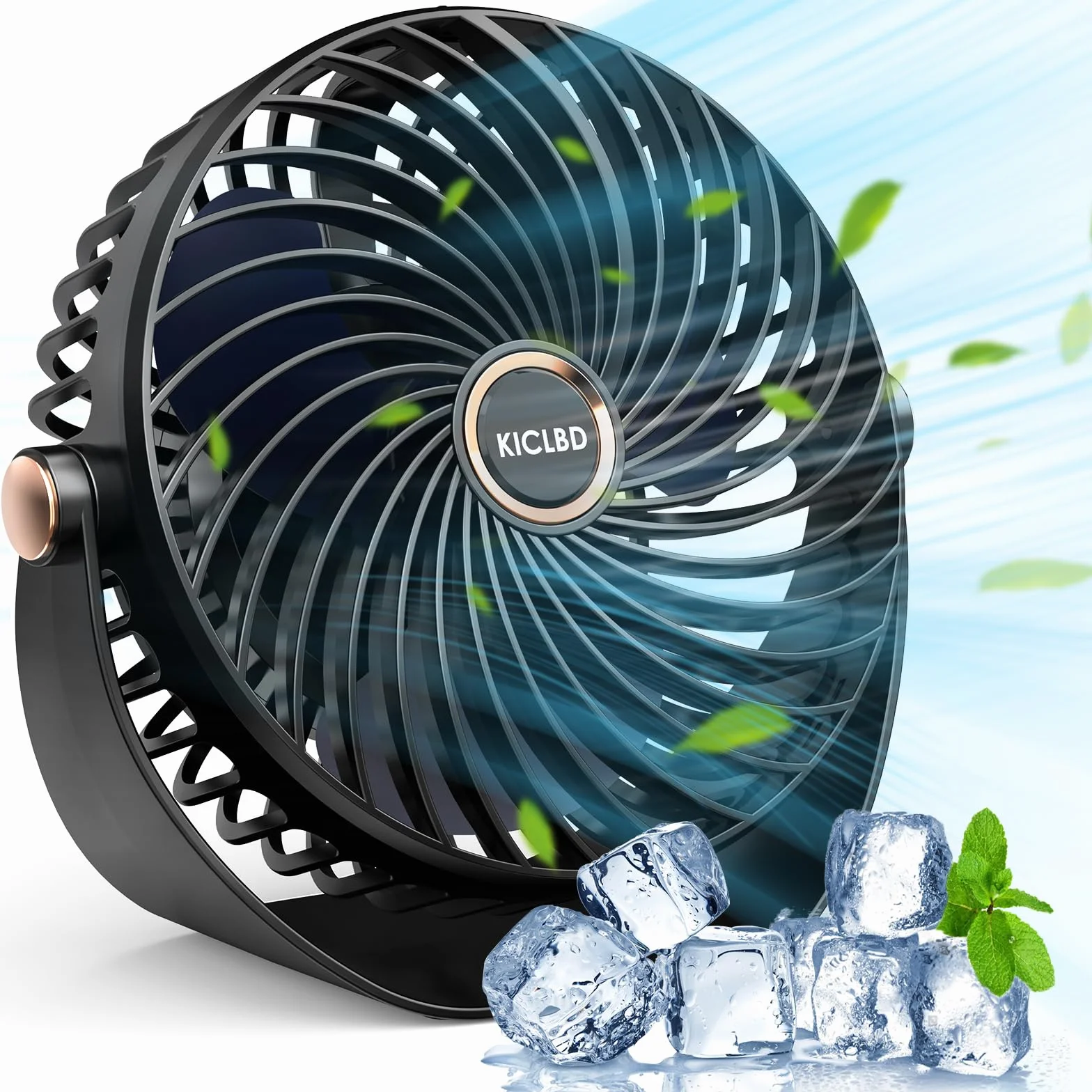 KICLBD M93 Mini wentylator z 5 prędkościami, silny przepływ powietrza, chłodzenie, przenośny i bardzo cichy, obracana o 360° głowica, ładowanie USB, do domu, biura, sypialni, biblioteki, czarny