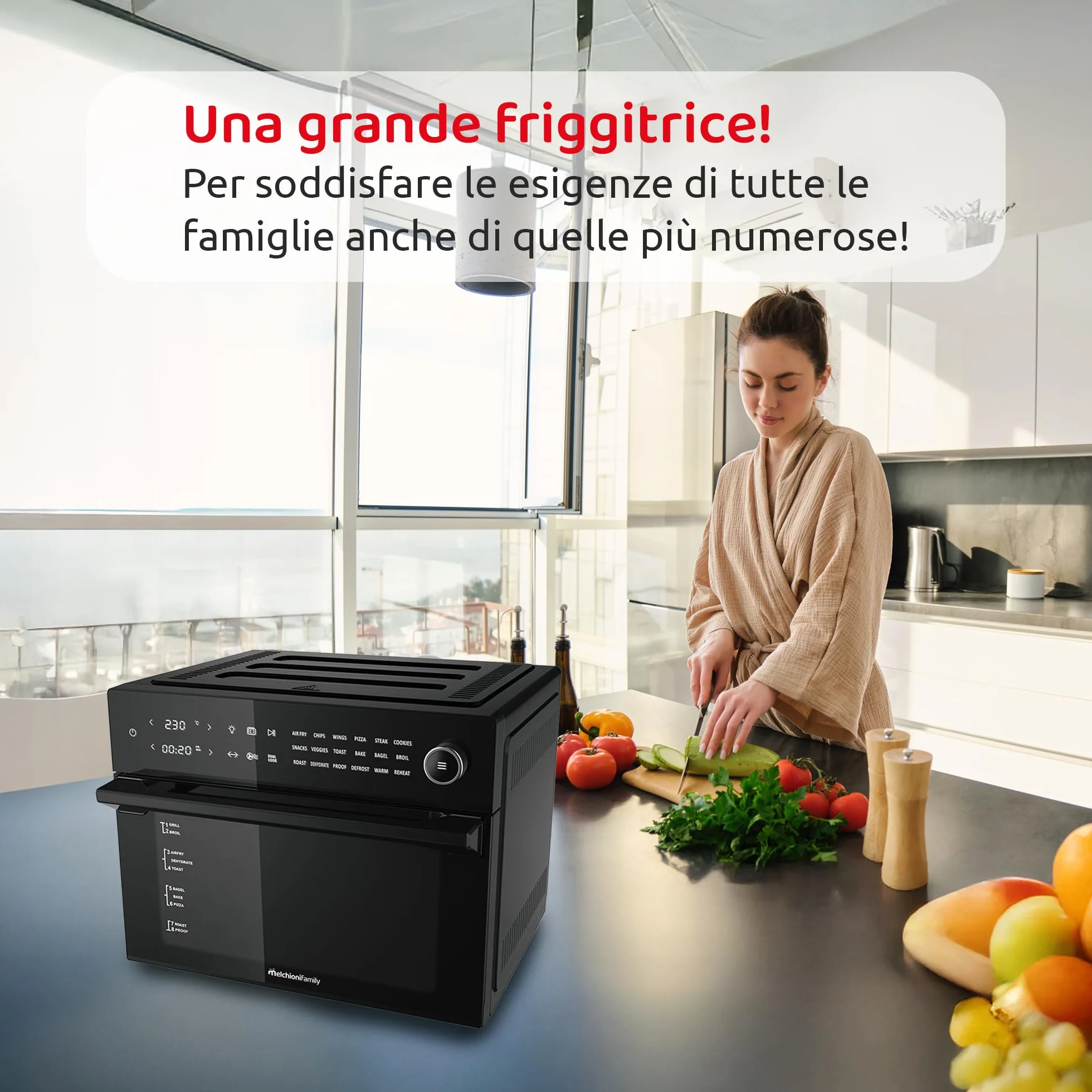 Melchioni Family BENEDETTA frytkownica powietrzna o pojemności 30 litrów, wyświetlacz cyfrowy, funkcja Dual Cook, Air Fryer z 18 programami, 30-230°, 12 h, czarny