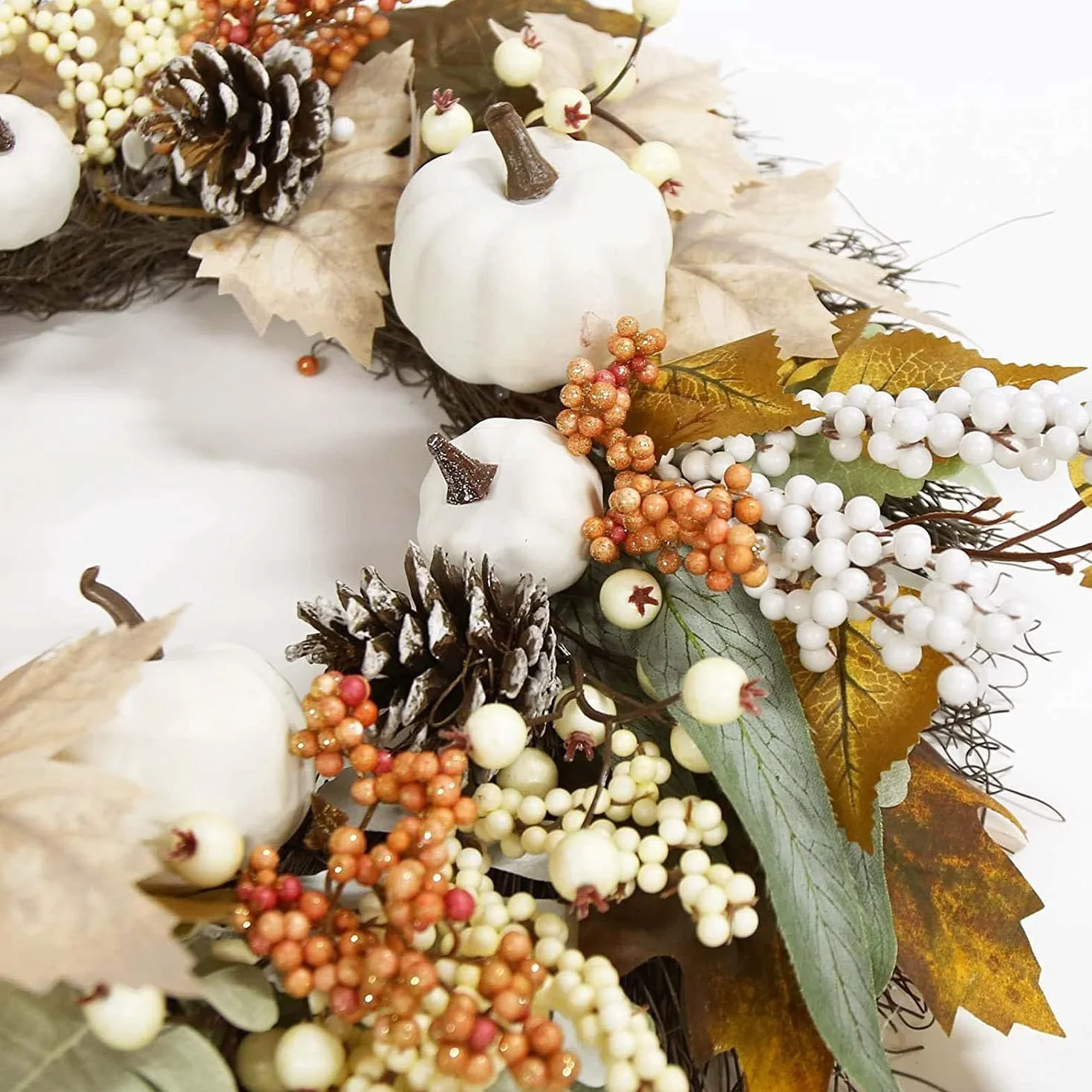 Jesienne wieńce z dyni na drzwi wejściowe, 45 cm, dekoracje na werandę, sztuczna girlanda, dynia, jagody, żołędzie, liście klonu, Halloween, Boże Narodzenie