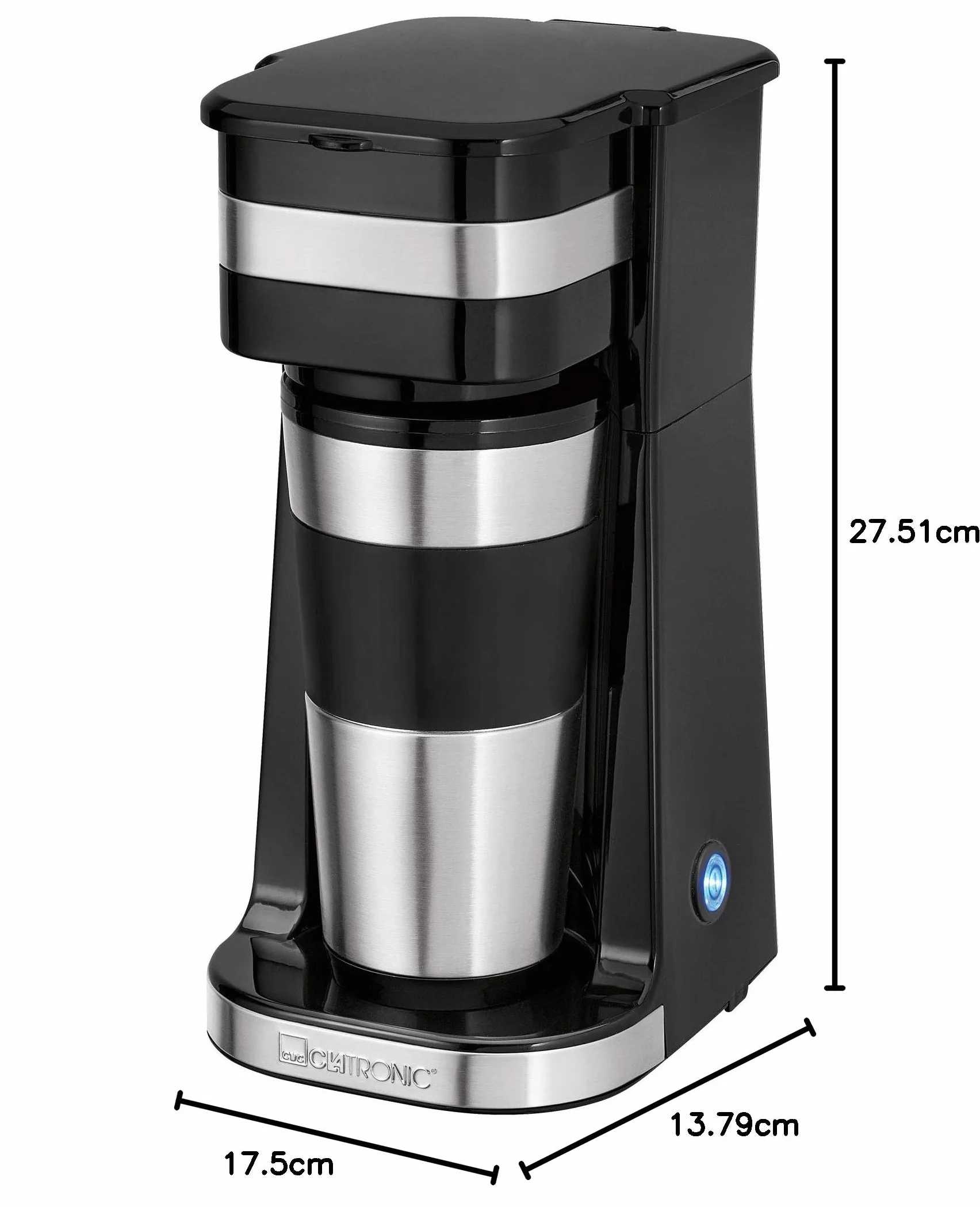 Clatronic KA 3733 ekspres do kawy z kubkiem ze stali nierdzewnej 0,4 l, 2 GB, idealny do samochodu, biura i w podróży, czarny
